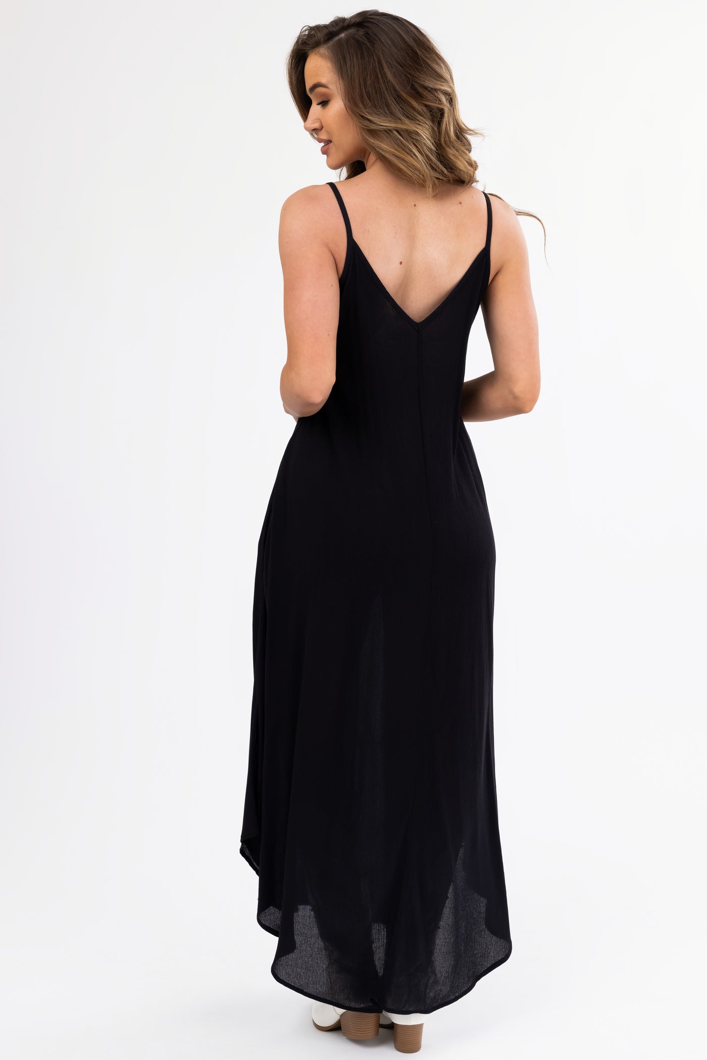 Black Sleeveless V Neck Textured Maxi Dress