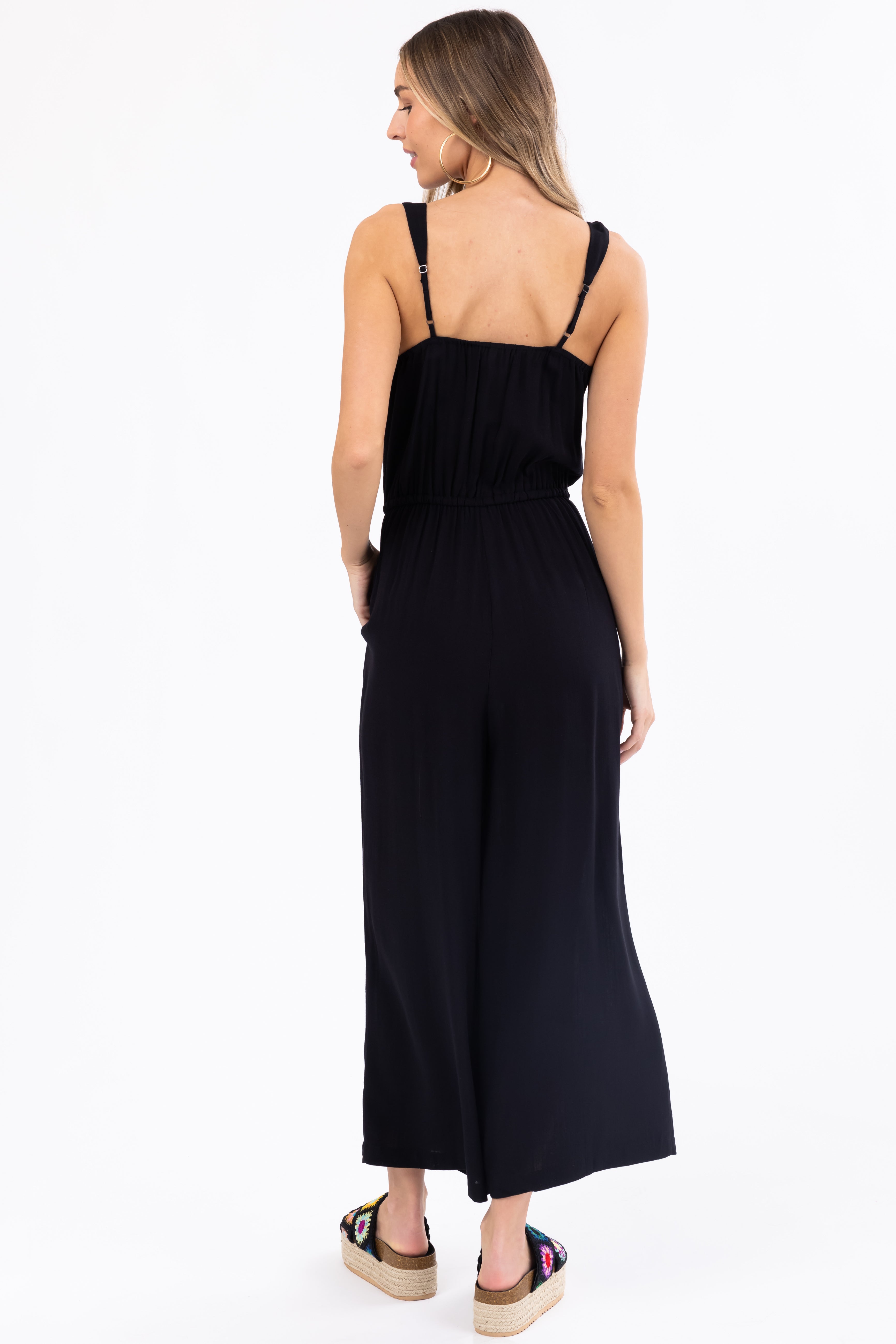 Black Sleeveless Waist Tie Wide Leg Jumpsuit | Lime Lush Boutique