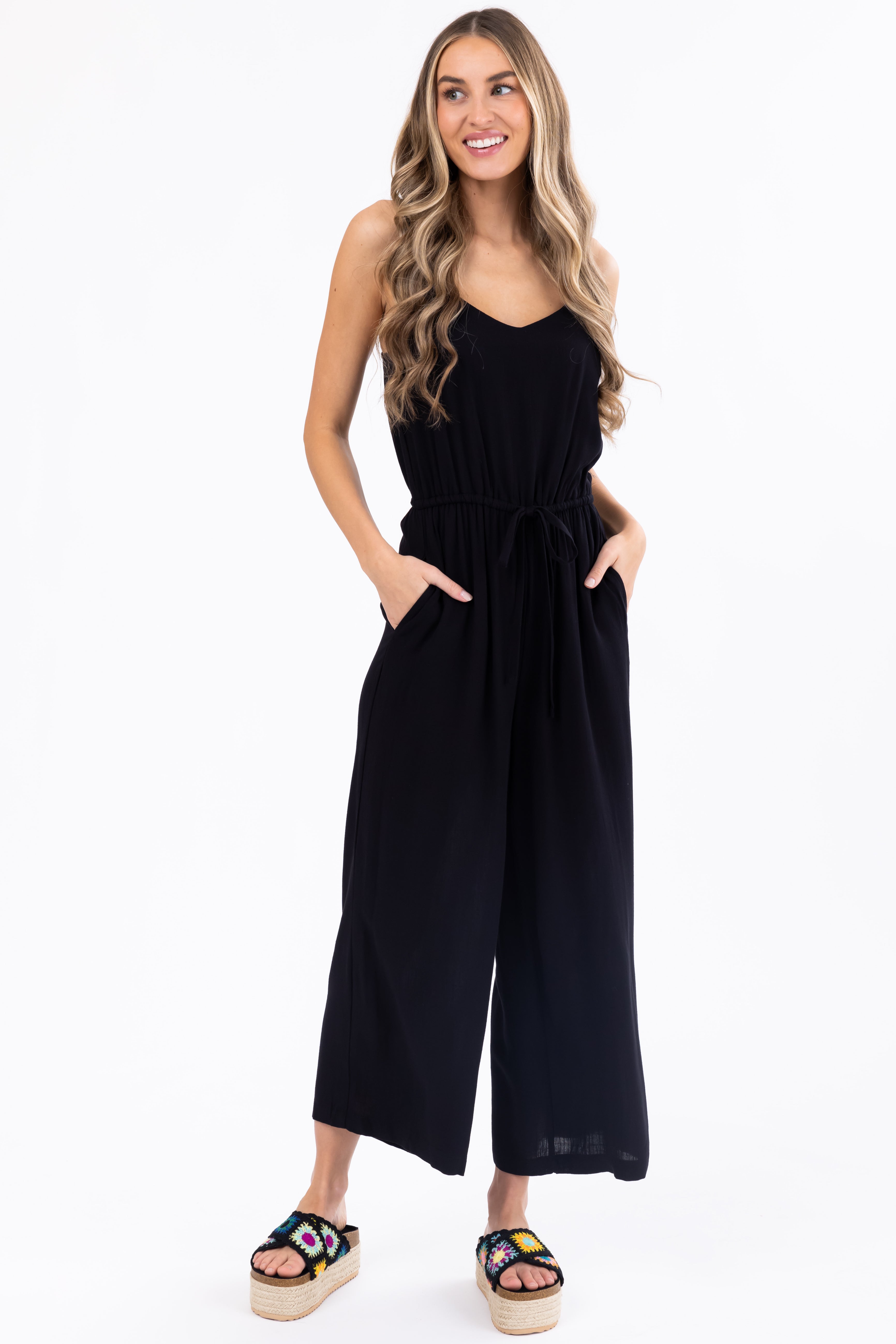 Black Sleeveless Waist Tie Wide Leg Jumpsuit | Lime Lush Boutique