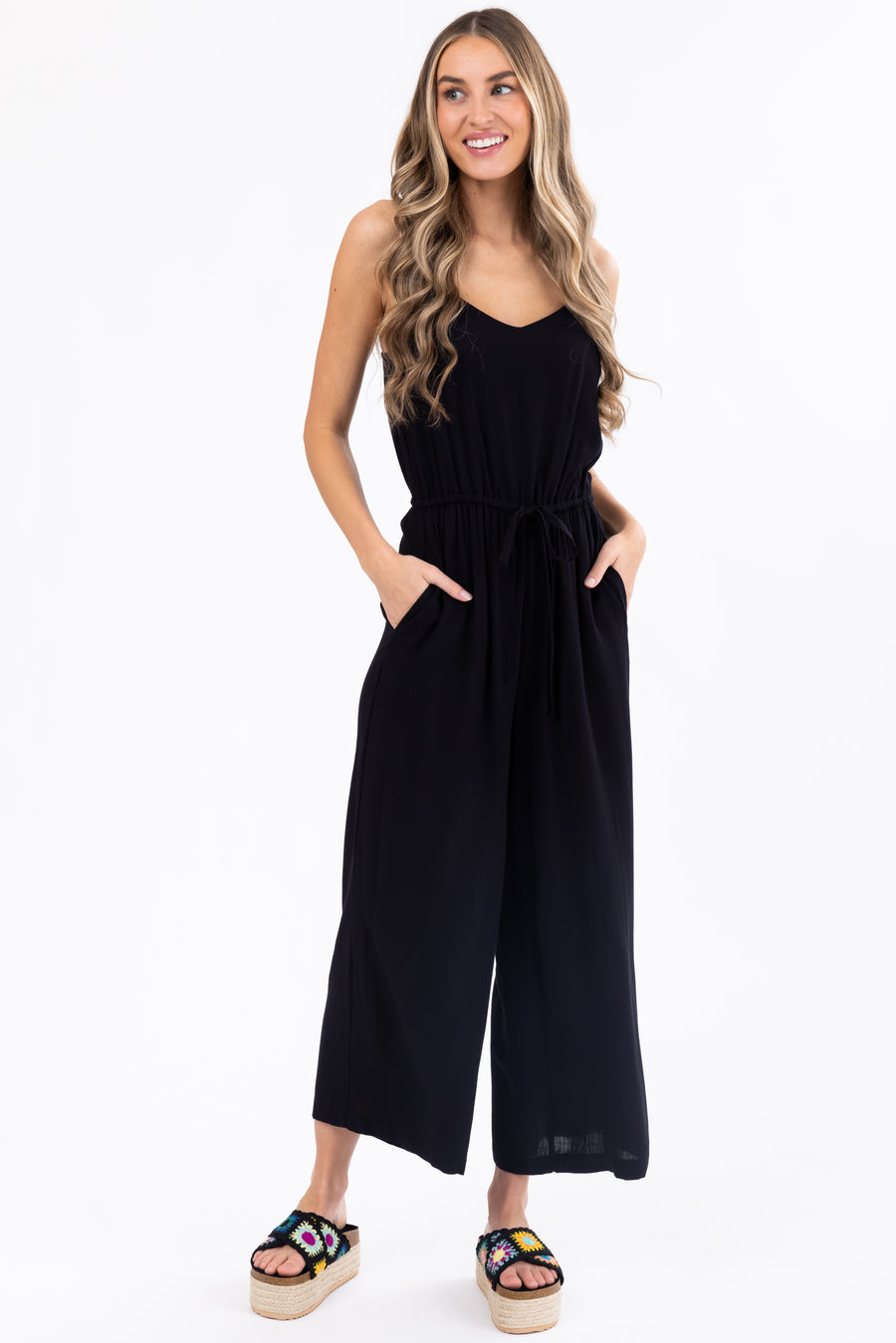 Black Sleeveless Waist Tie Wide Leg Jumpsuit