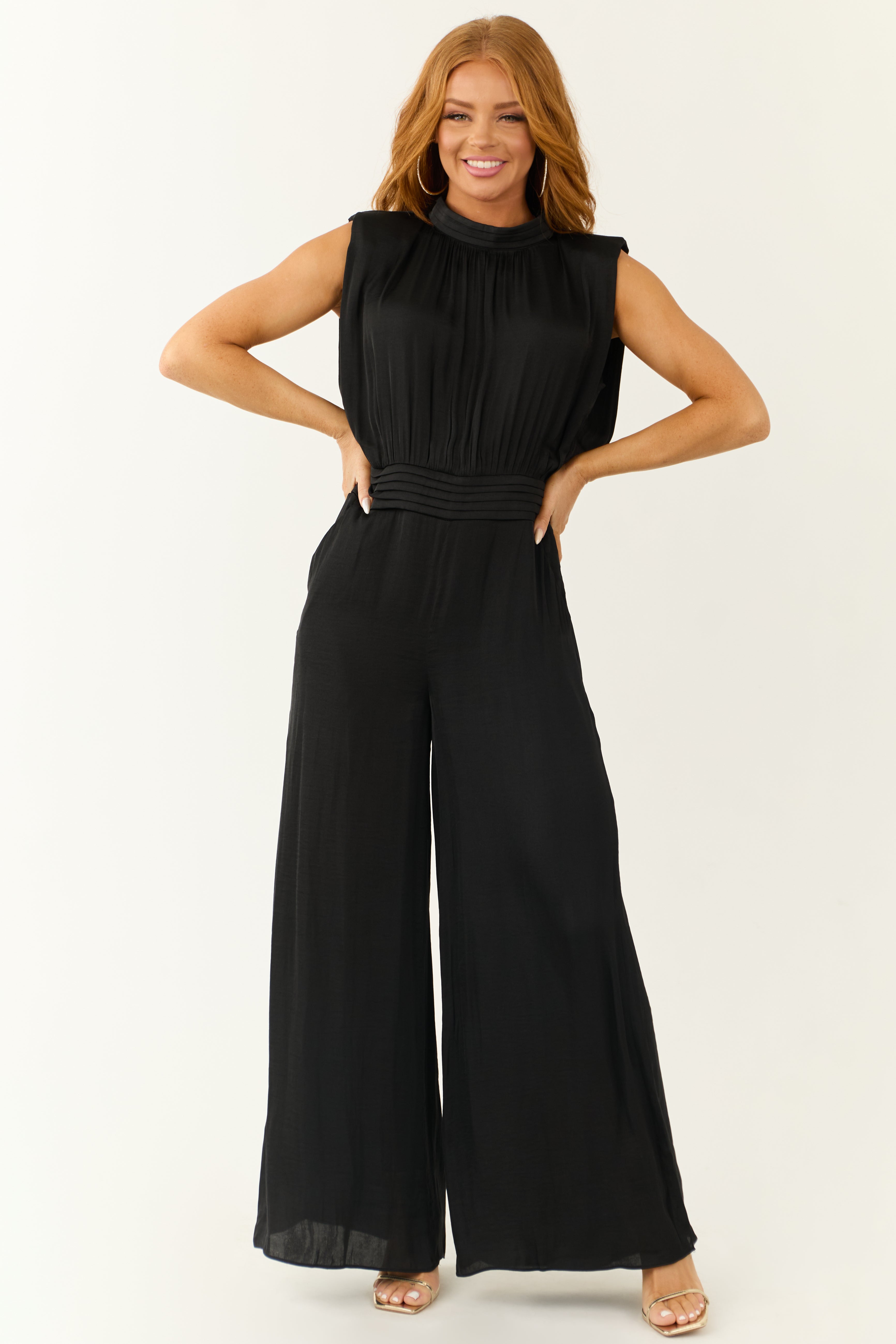 Black Sleeveless Wide Leg Silky Jumpsuit | Lime Lush Boutique