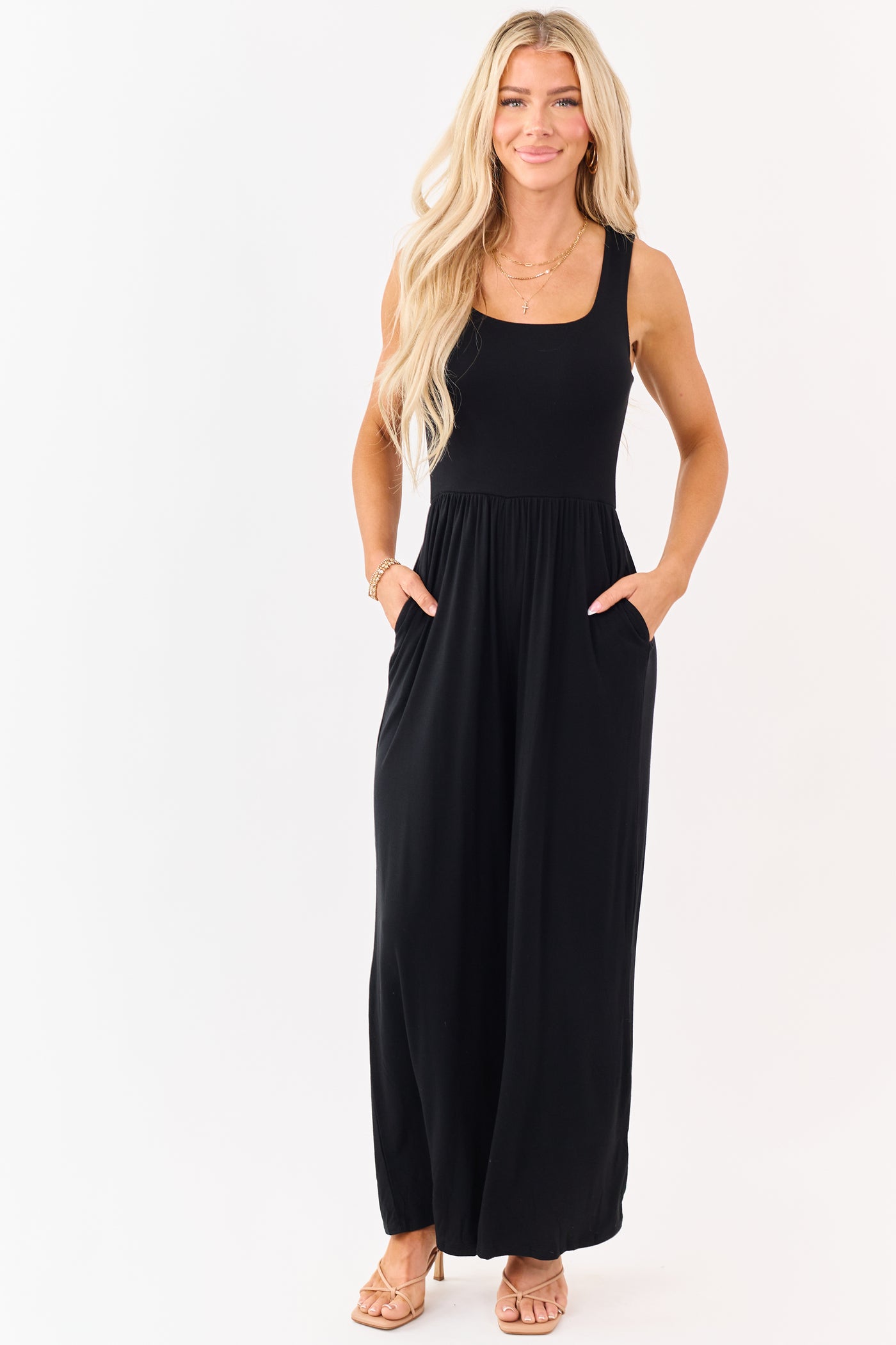 Black Sleeveless Wide Leg Soft Knit Jumpsuit