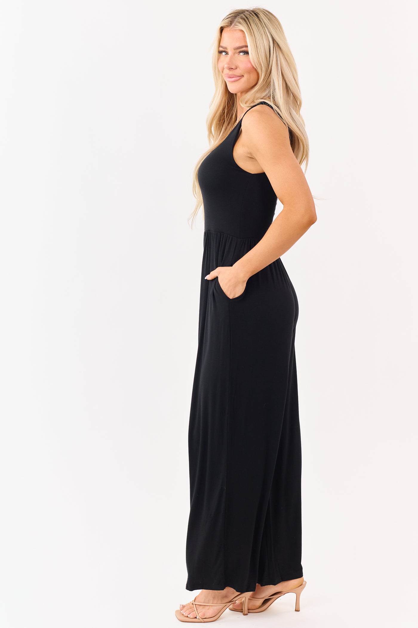 Black Sleeveless Wide Leg Soft Knit Jumpsuit
