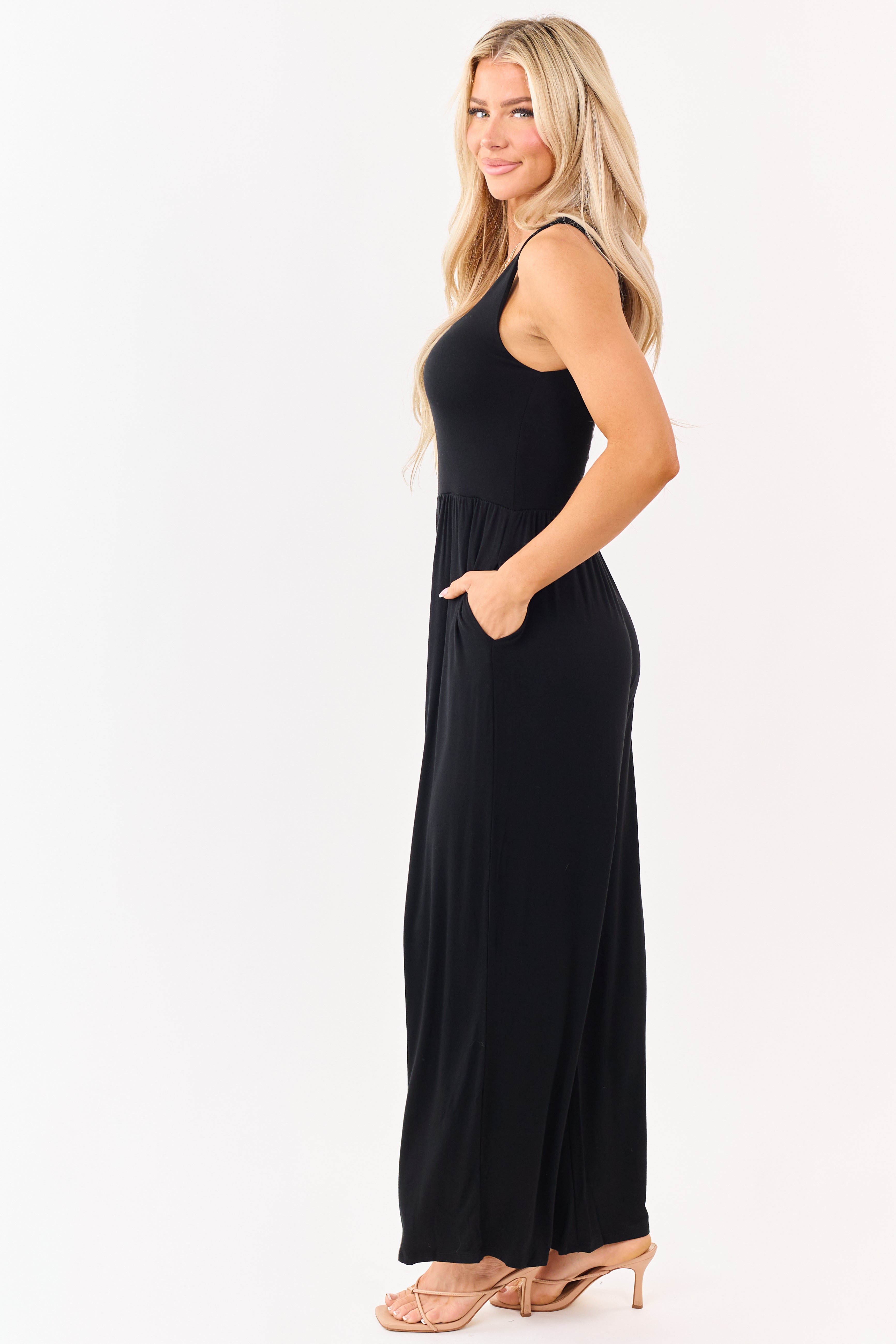 Black Sleeveless Wide Leg Soft Knit Jumpsuit