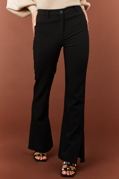 Black Slit Flare Leg Twill Pants