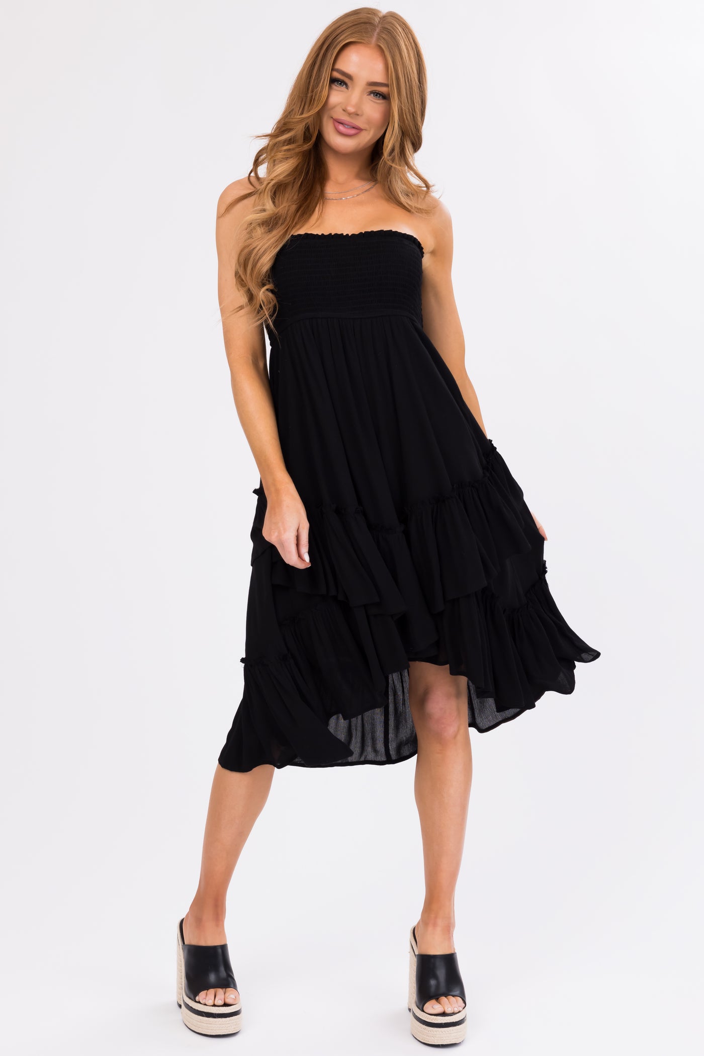 Black Smocked Convertible Midi Skirt Short Dress