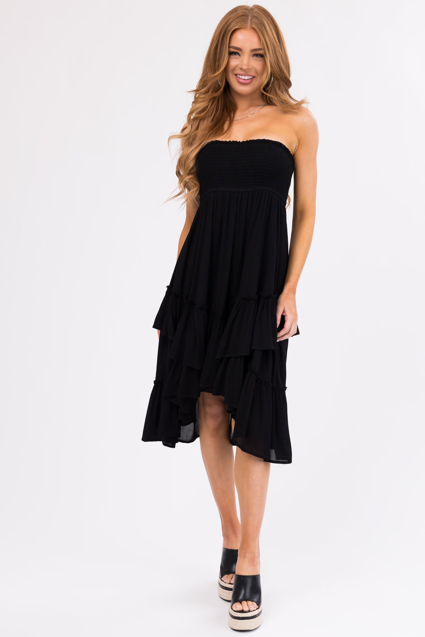 Black Smocked Convertible Midi Skirt Short Dress