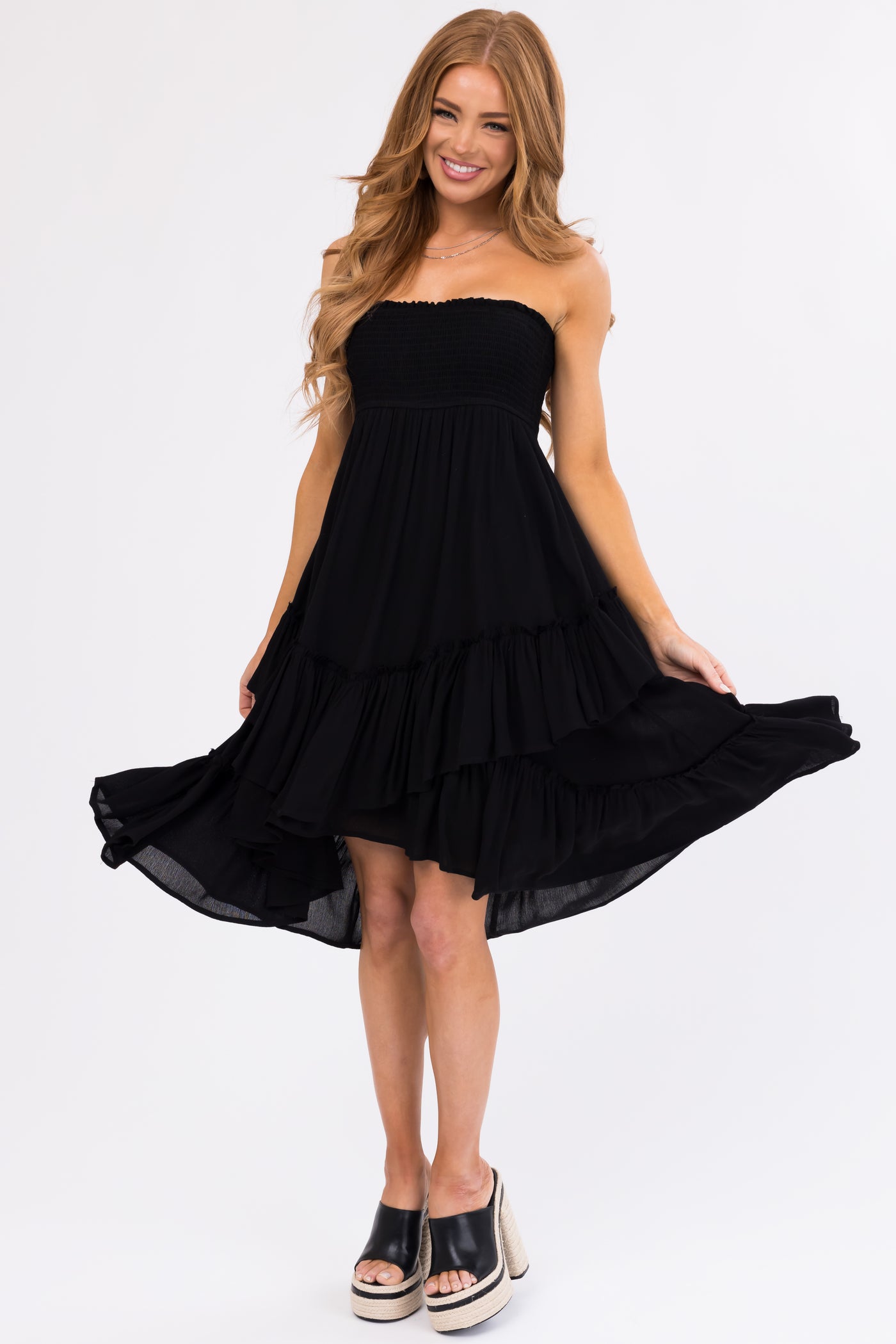 Black Smocked Convertible Midi Skirt Short Dress