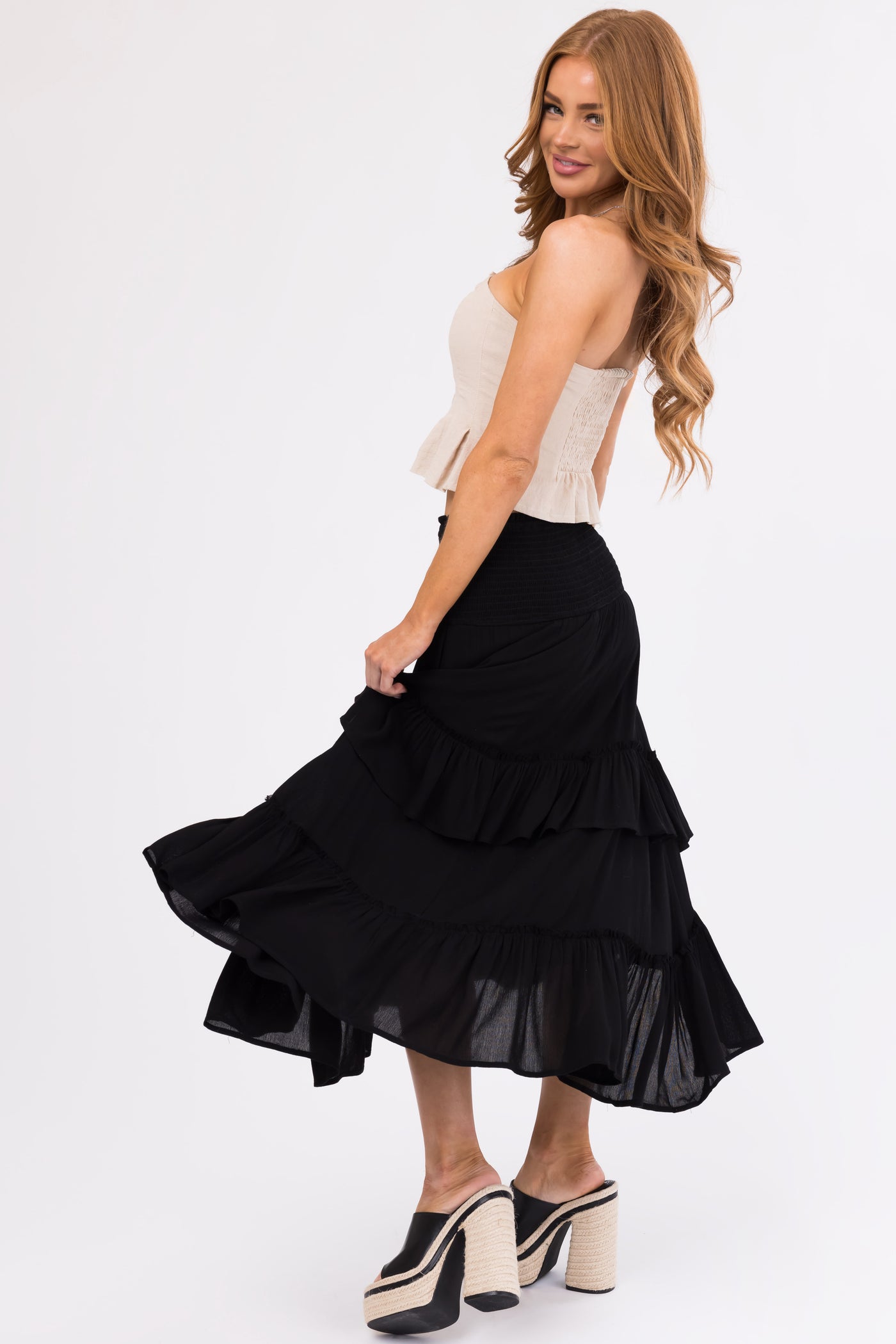 Black Smocked Convertible Midi Skirt Short Dress