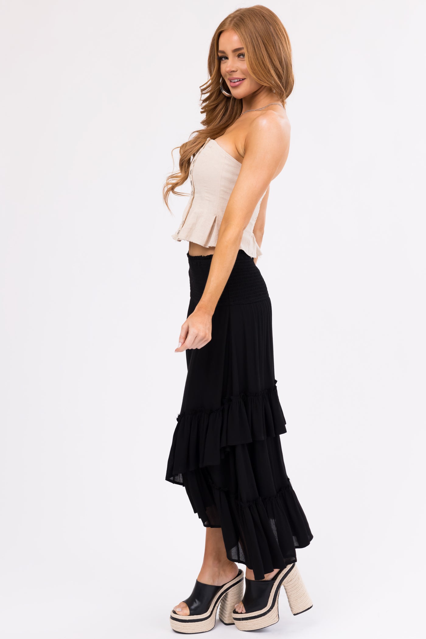 Black Smocked Convertible Midi Skirt Short Dress