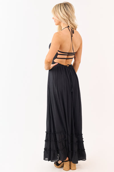 Black Smocked Open Back Halter Maxi Dress
