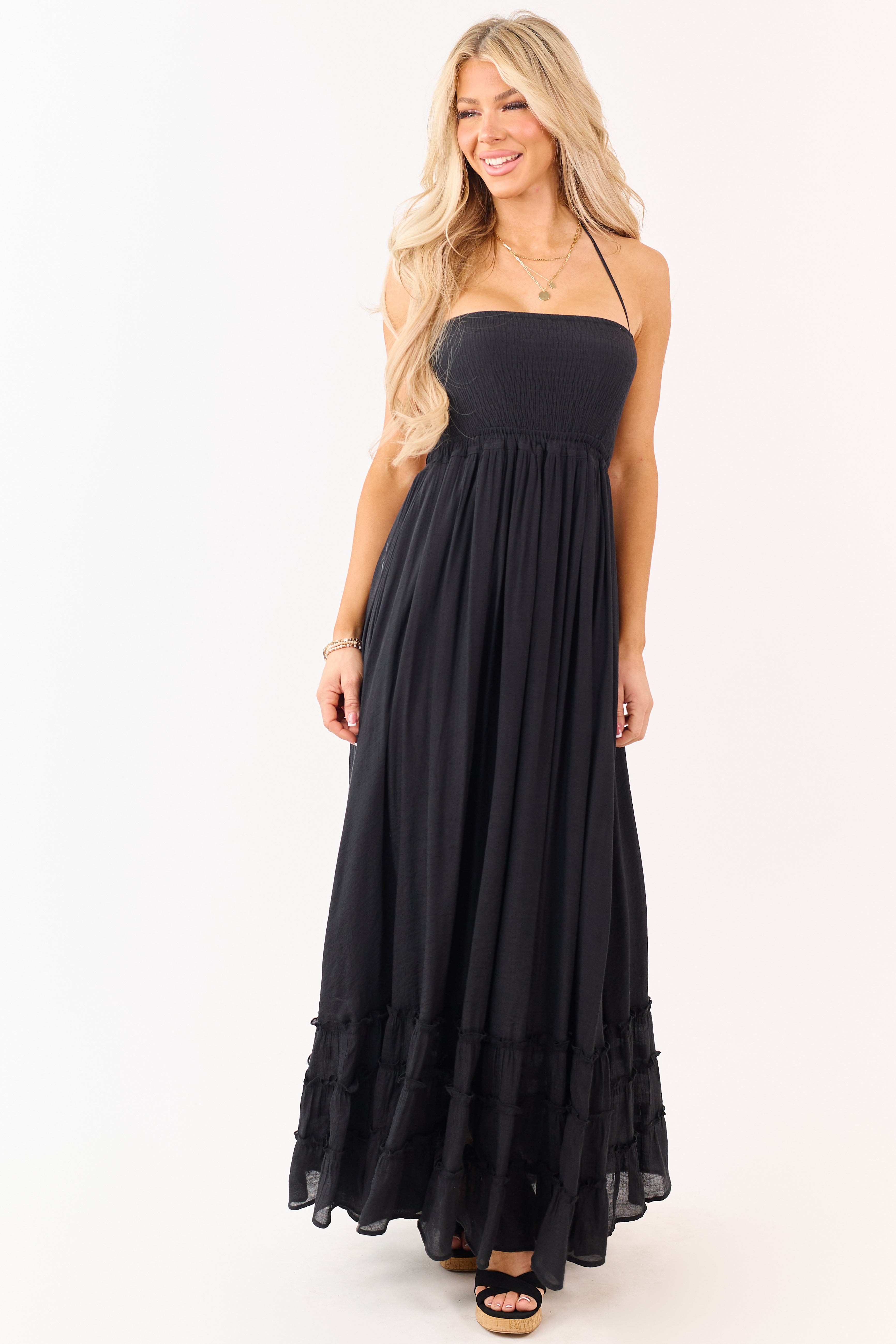 Black Smocked Open Back Halter Maxi Dress