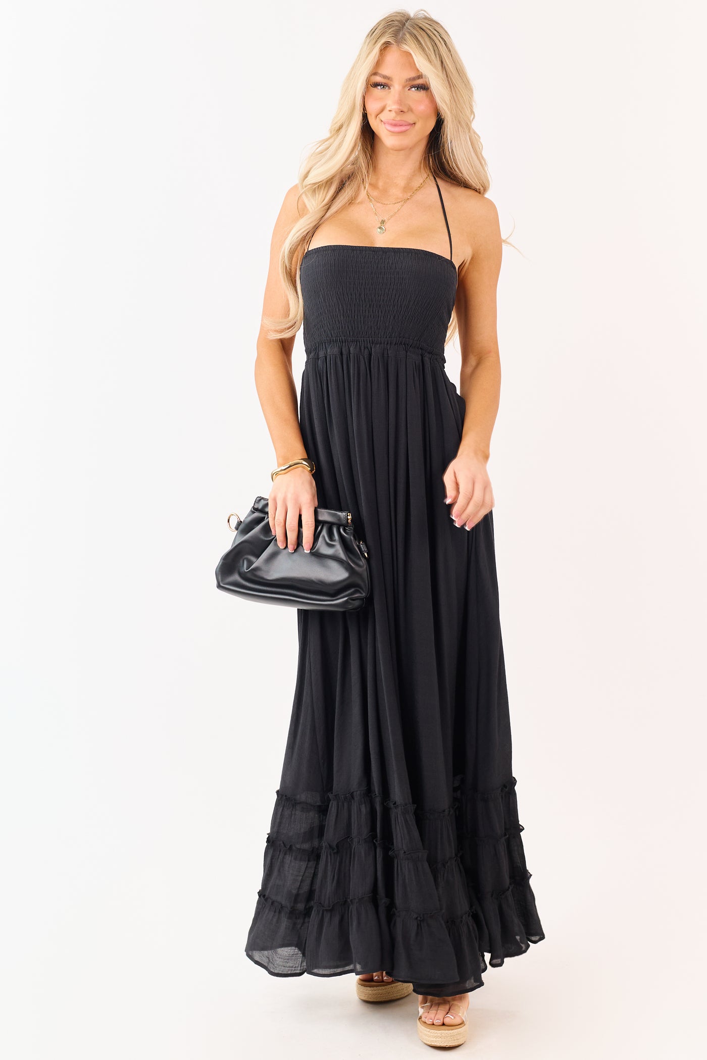 Black Smocked Open Back Halter Maxi Dress