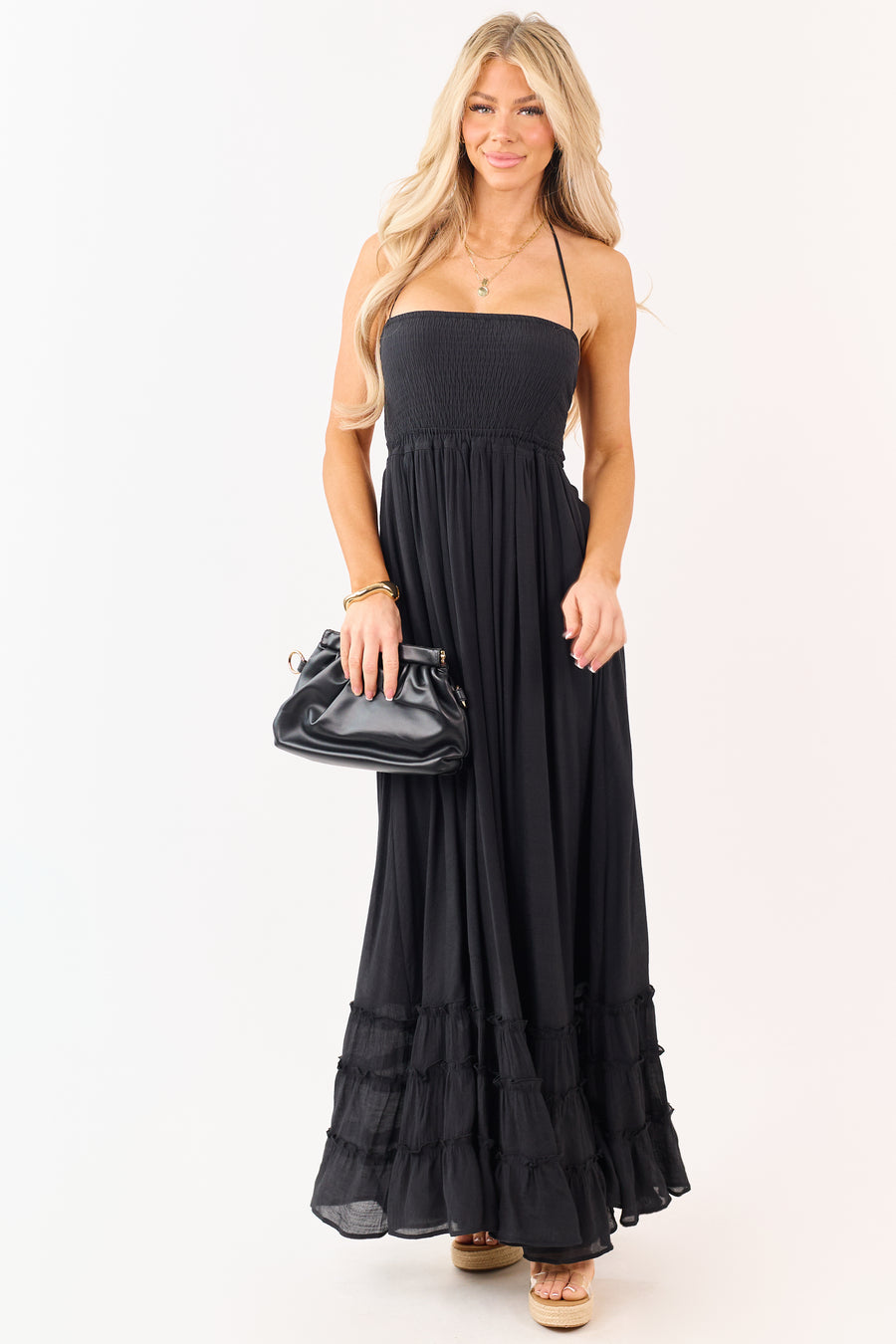 Black Smocked Open Back Halter Maxi Dress