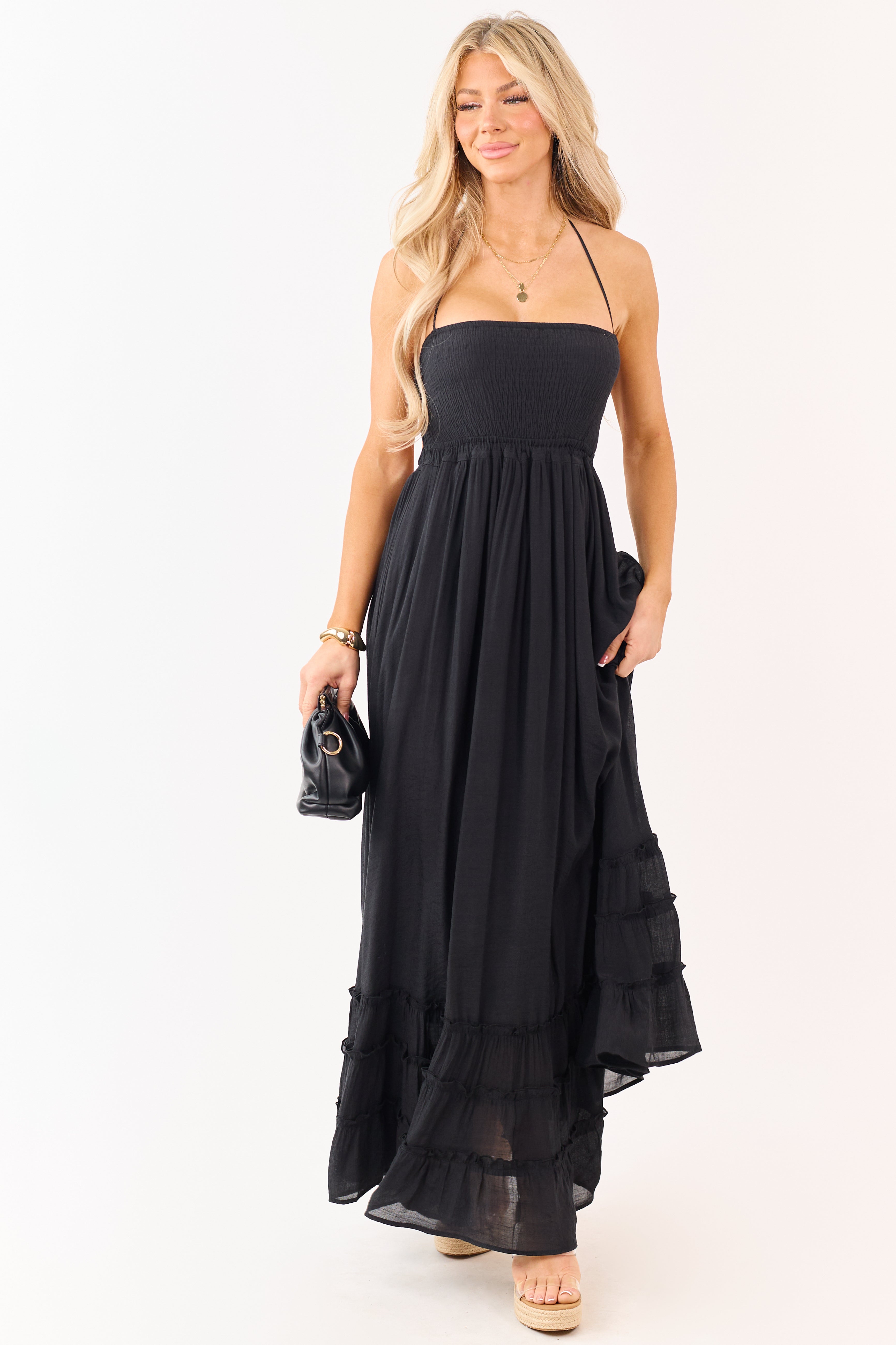 Black Smocked Open Back Halter Maxi Dress