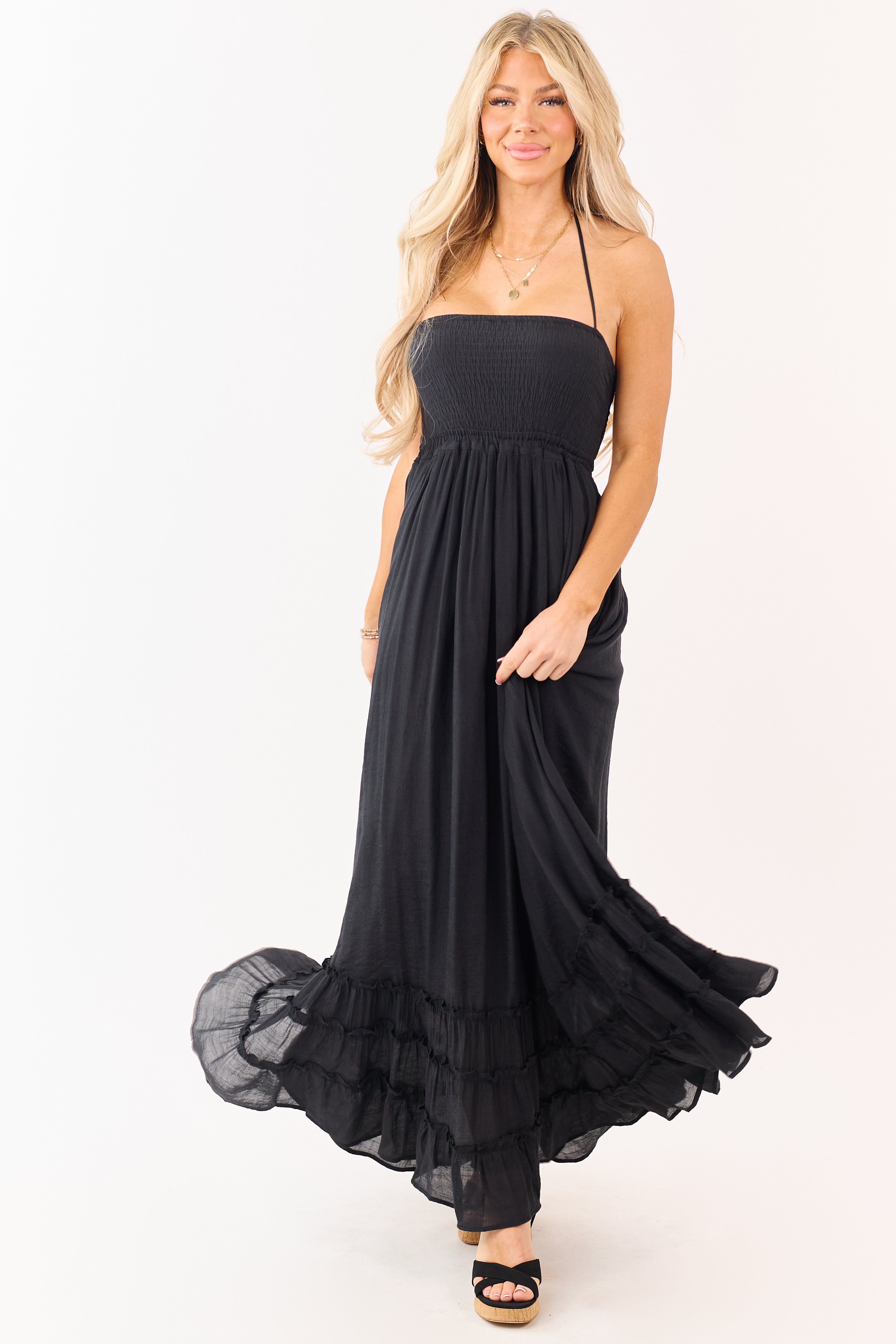 Black Smocked Open Back Halter Maxi Dress