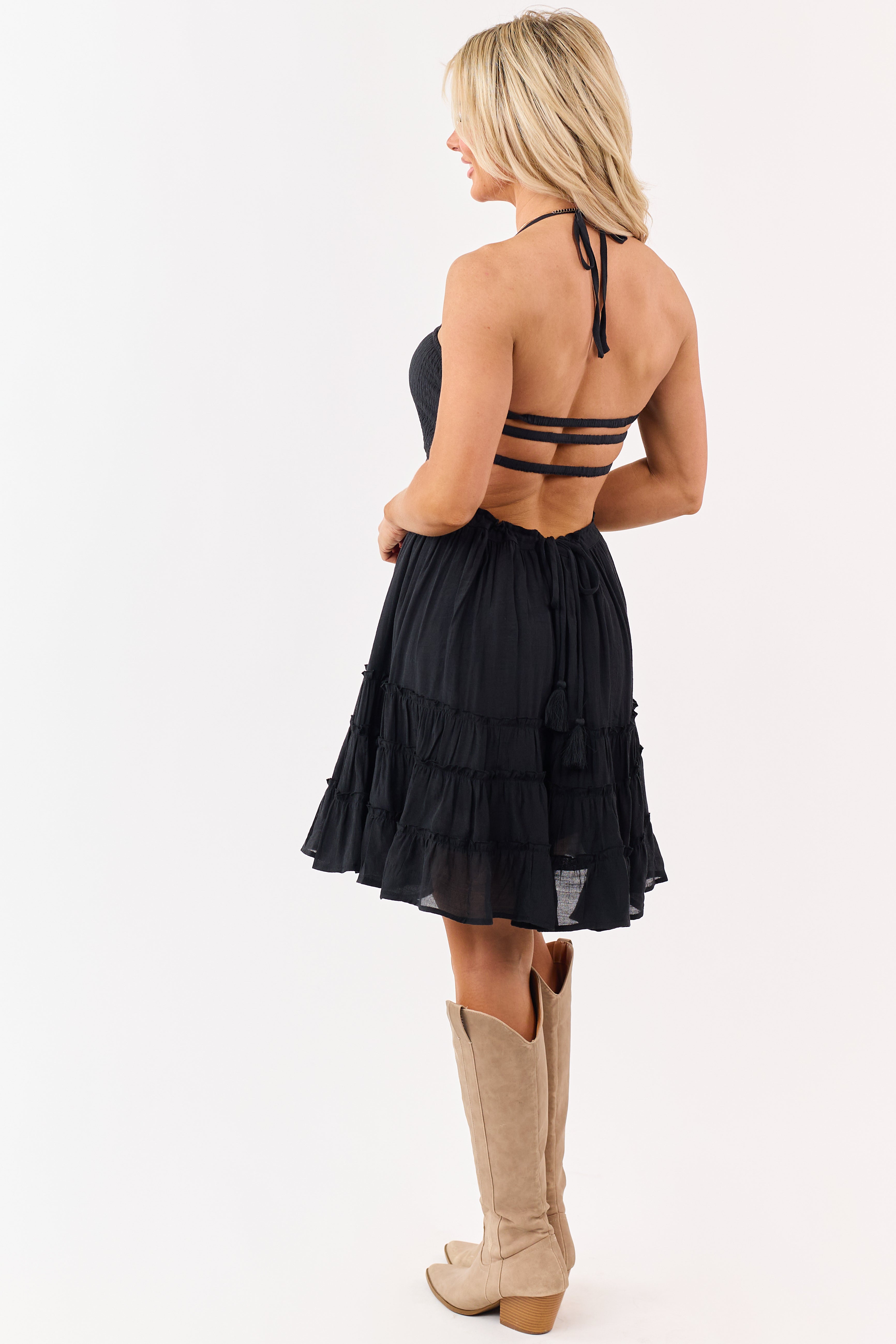 Black Smocked Open Back Tiered Mini Dress