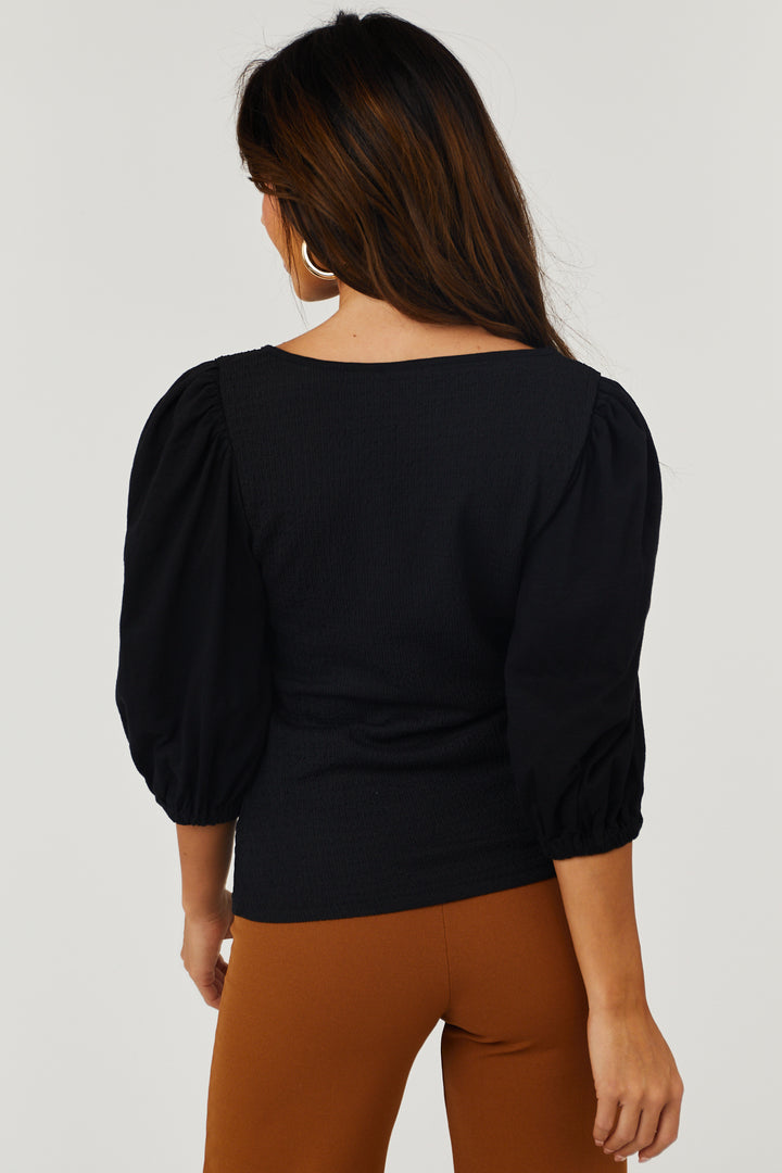 Black Smocked Square Neck Puff Sleeve Top