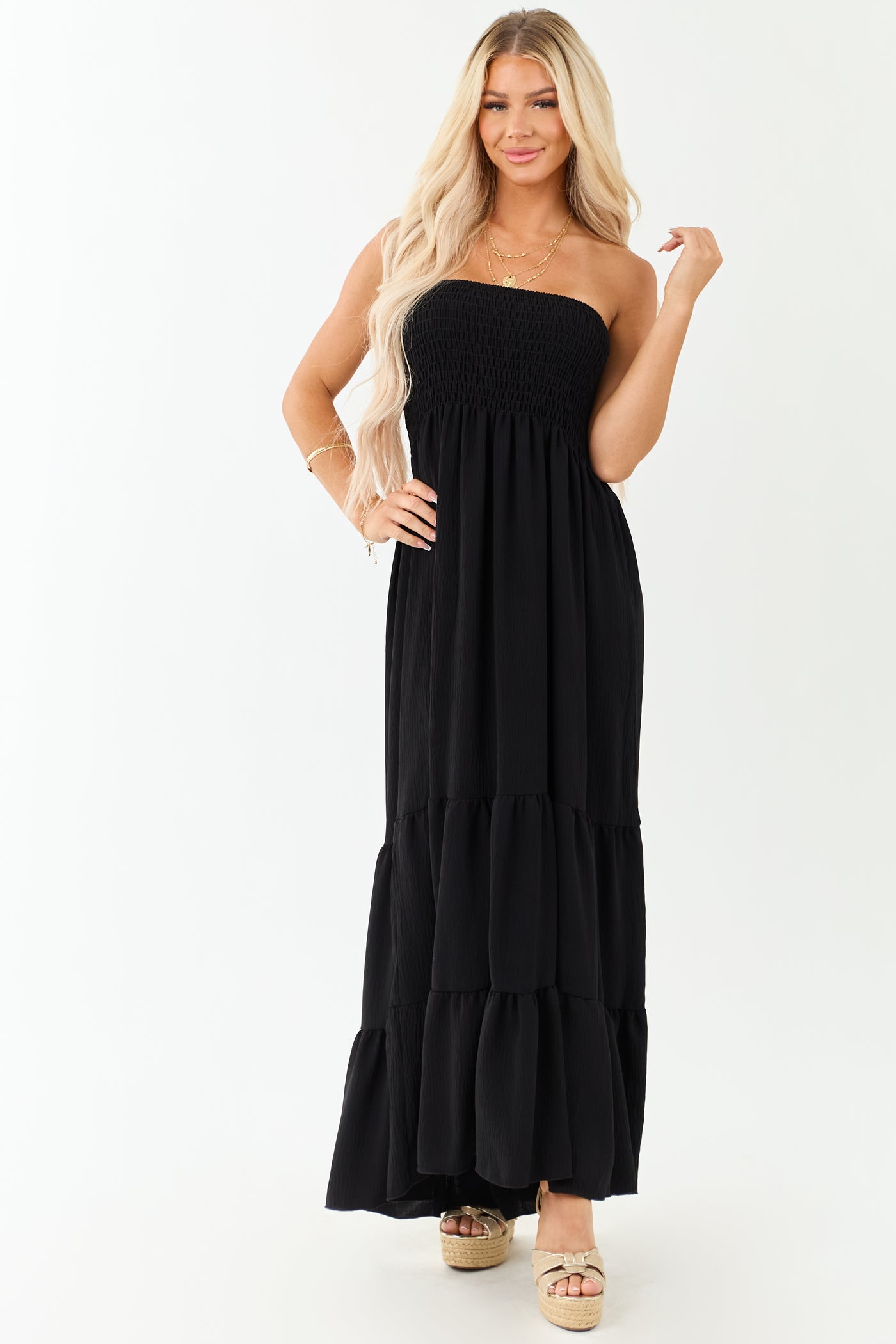 Black Smocked Tiered Strapless Maxi Dress | Lime Lush Boutique Black Smocked Tiered Strapless Maxi Dress | Lime Lush Boutique