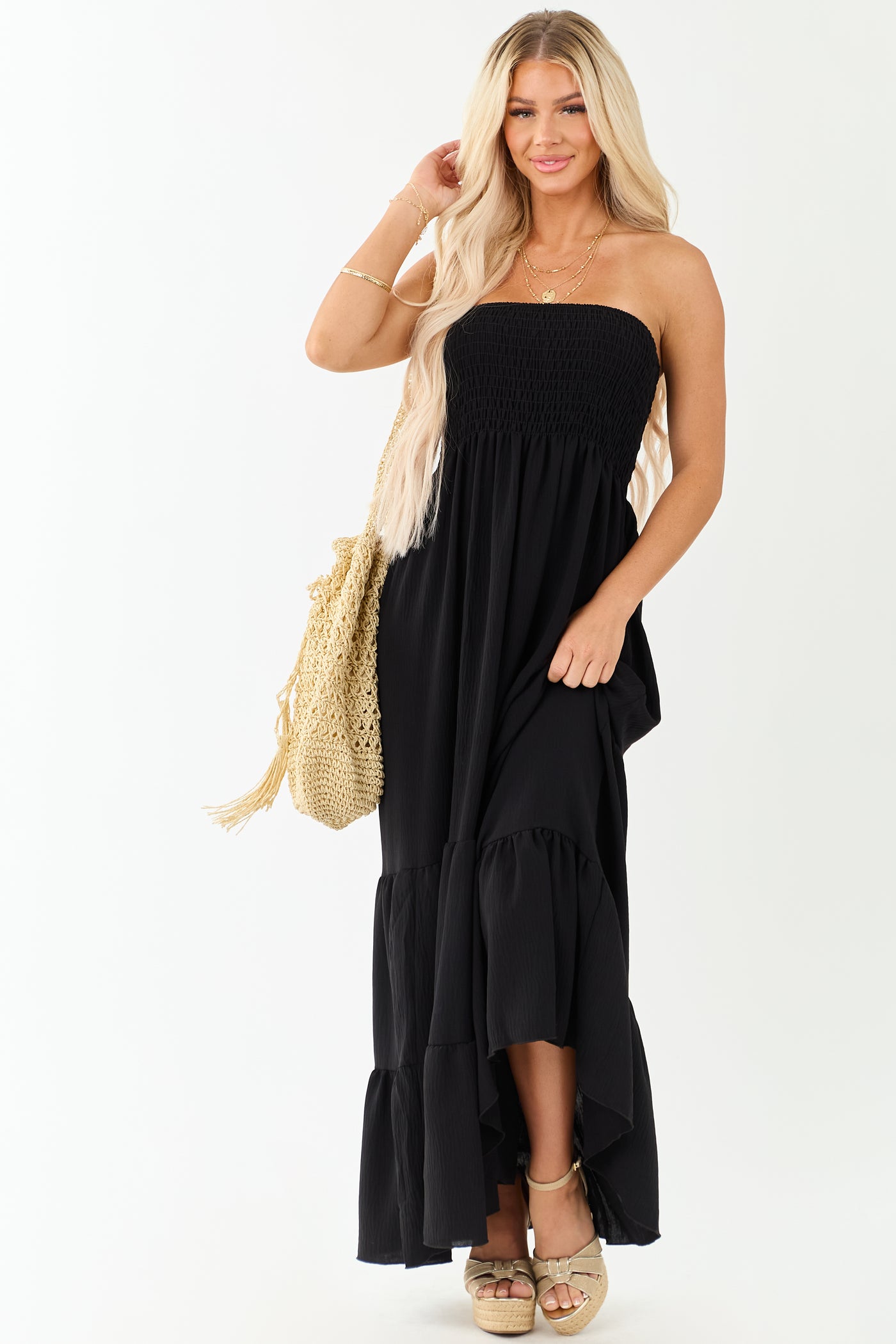 Black Smocked Tiered Strapless Maxi Dress
