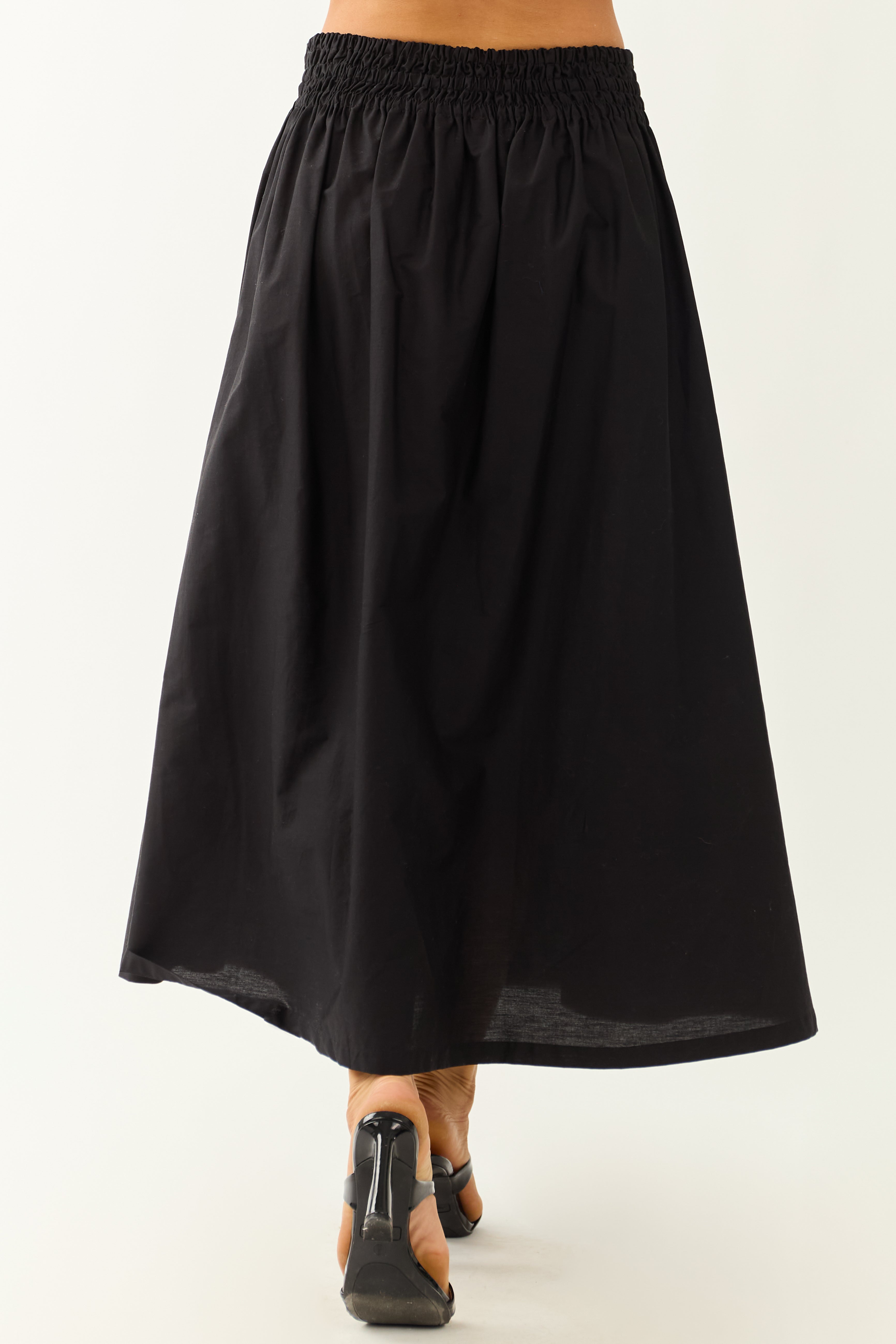 Black Smocked Waist Cotton Midi Skirt