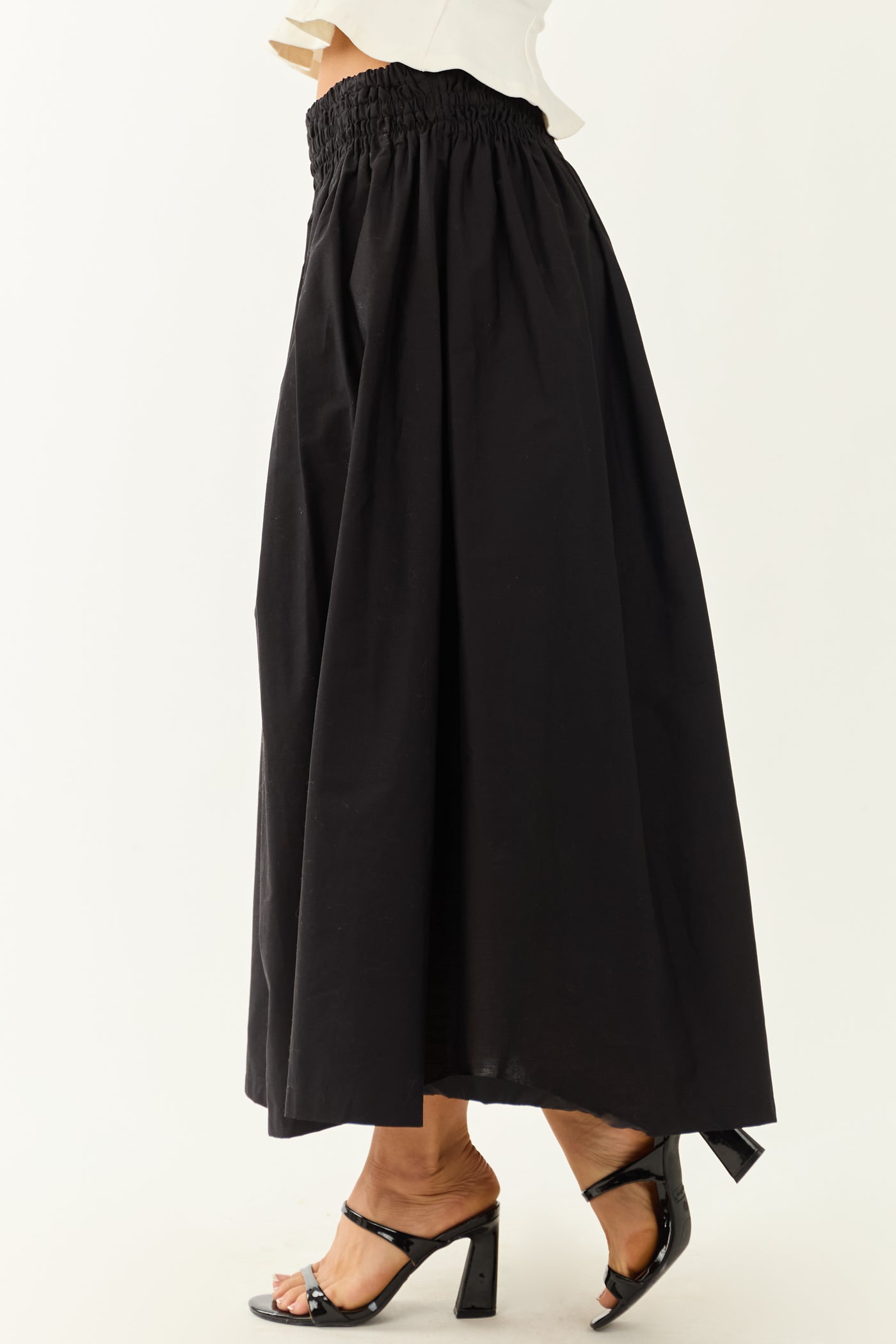 Black Smocked Waist Cotton Midi Skirt