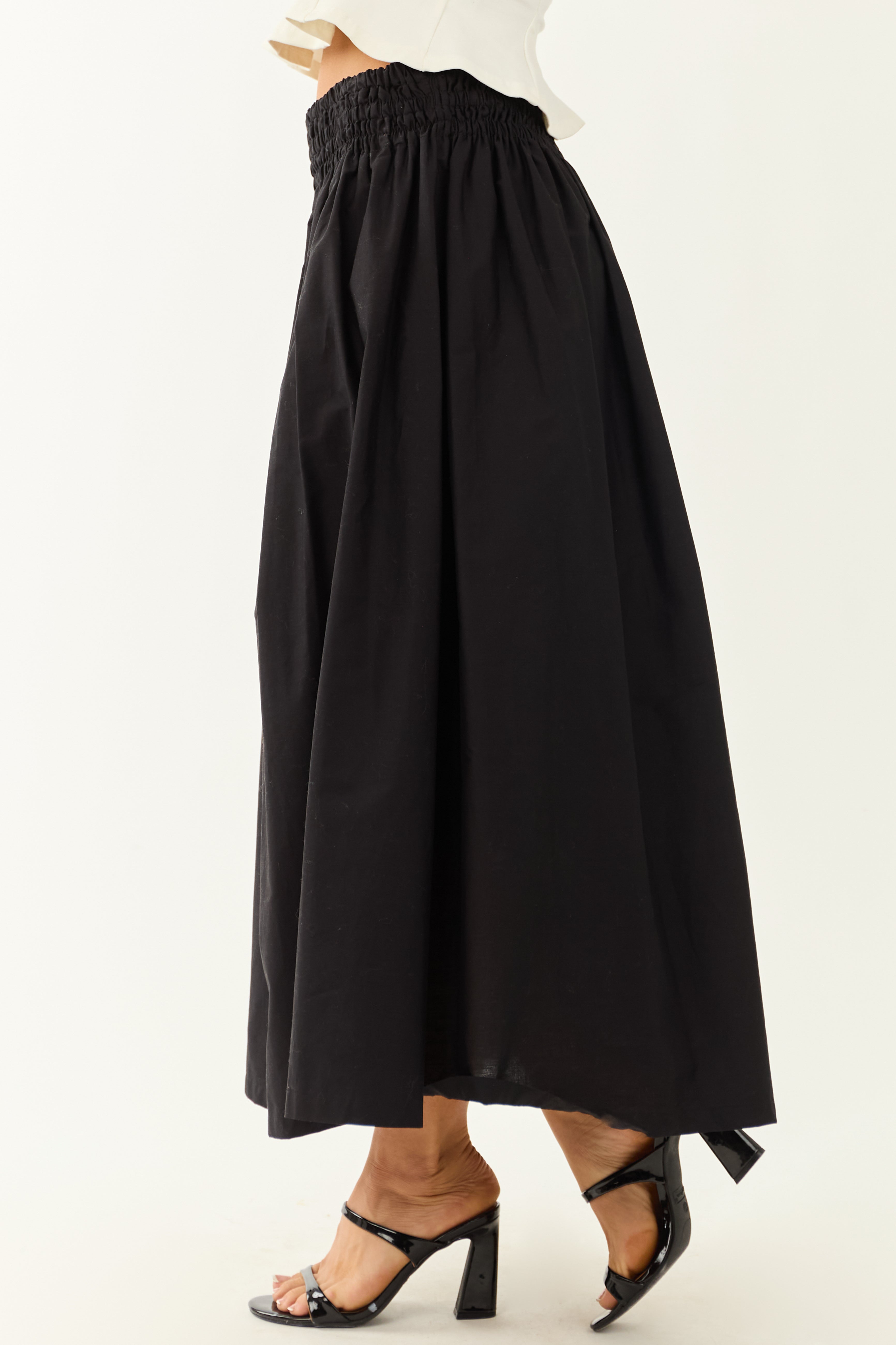 Black Smocked Waist Cotton Midi Skirt