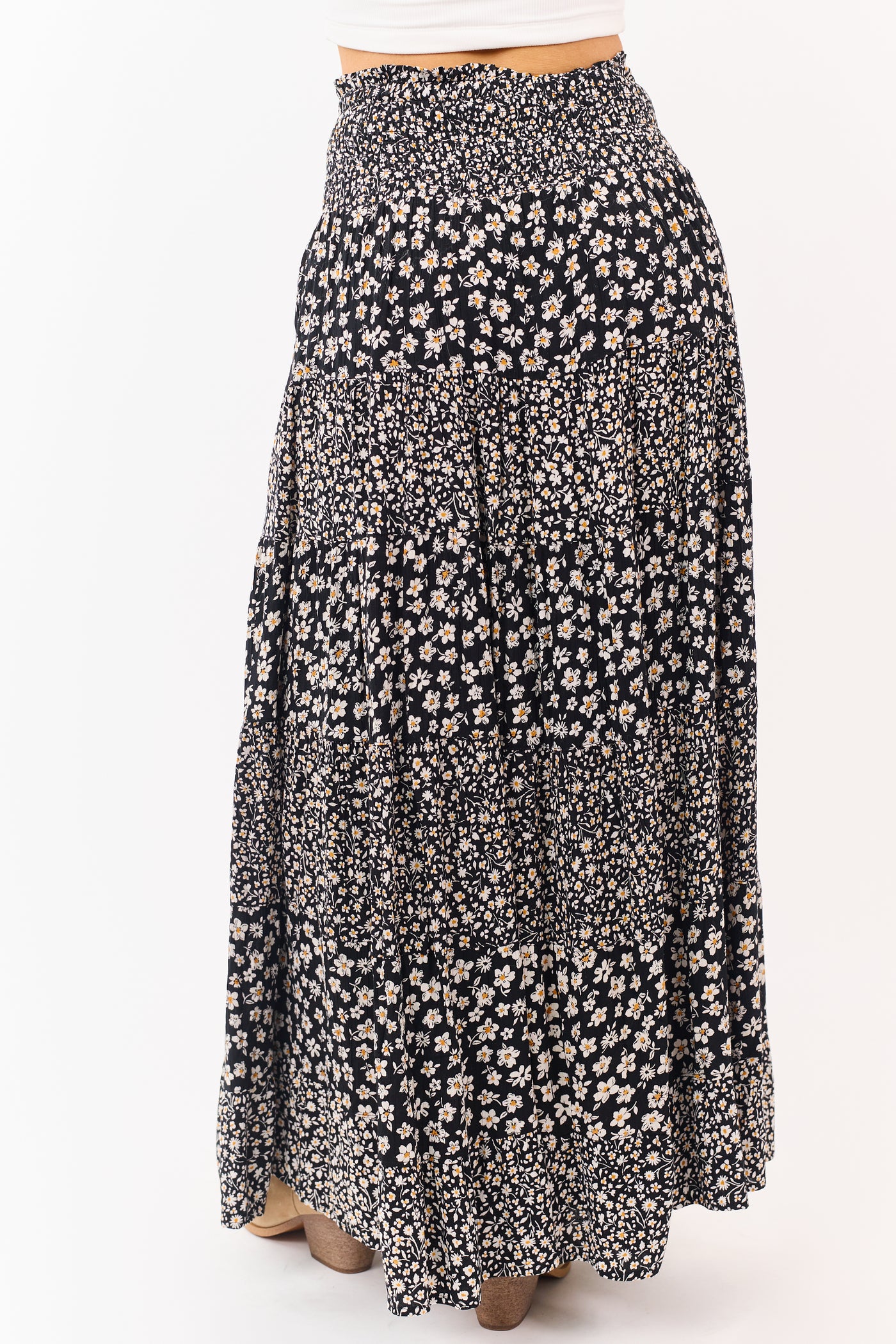 Black Smocked Waist Daisy Print Tiered Maxi Skirt