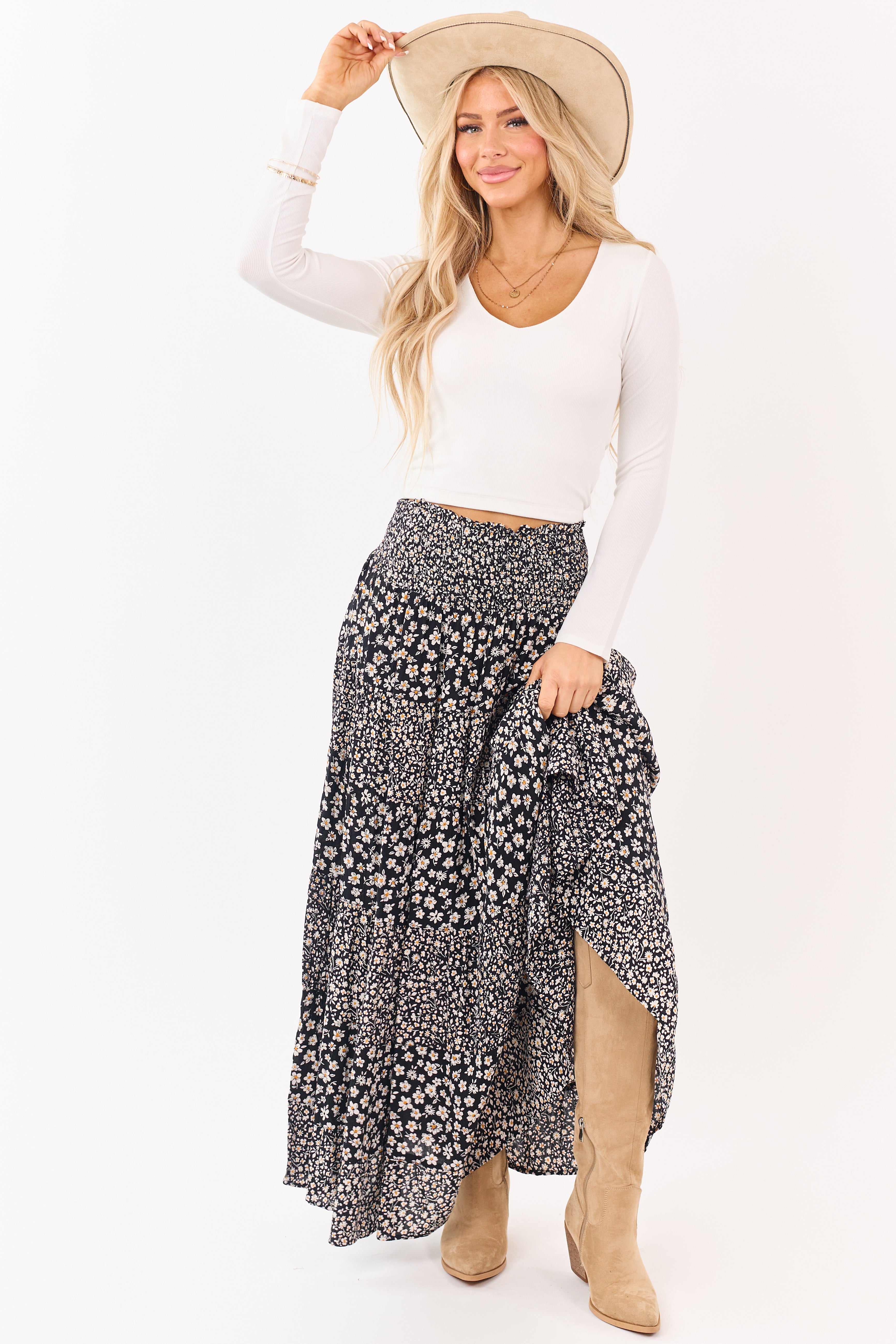 Black Smocked Waist Daisy Print Tiered Maxi Skirt