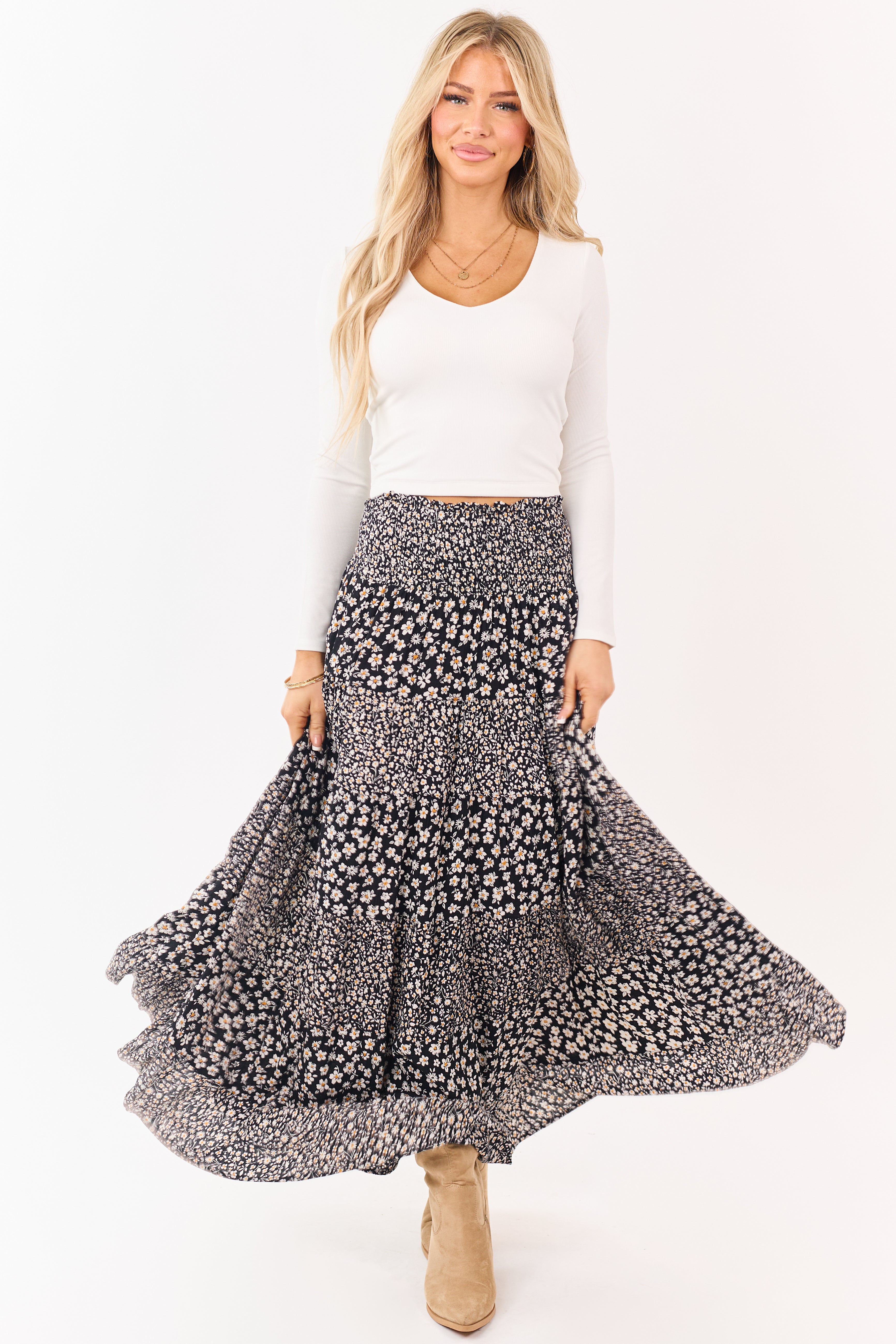 Black Smocked Waist Daisy Print Tiered Maxi Skirt