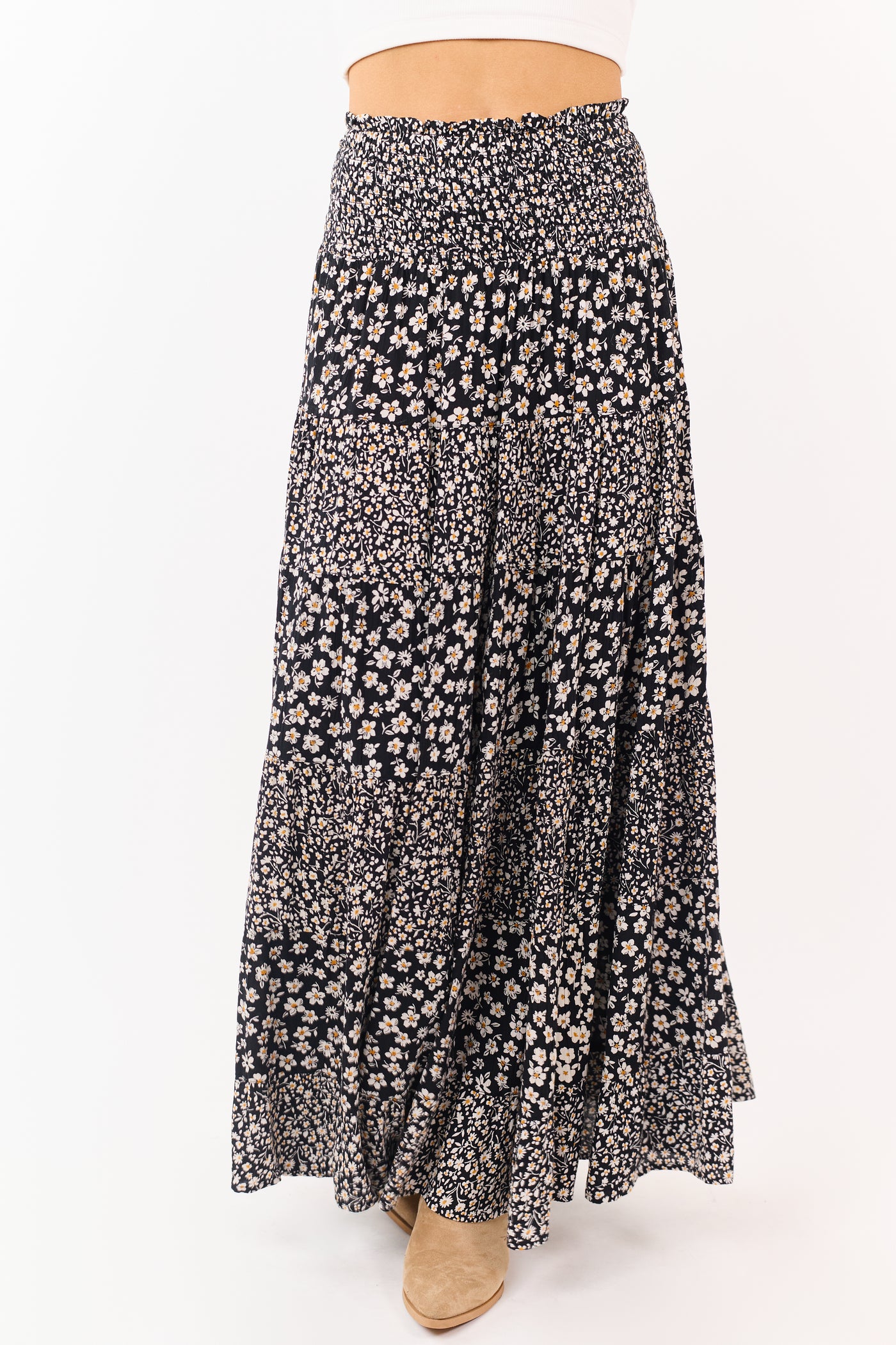 Black Smocked Waist Daisy Print Tiered Maxi Skirt