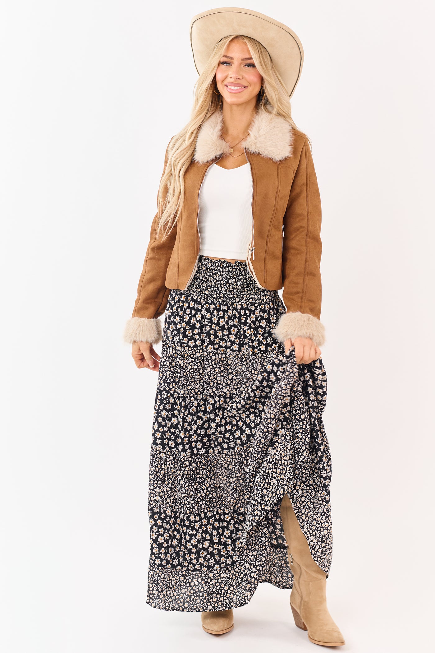 Black Smocked Waist Daisy Print Tiered Maxi Skirt