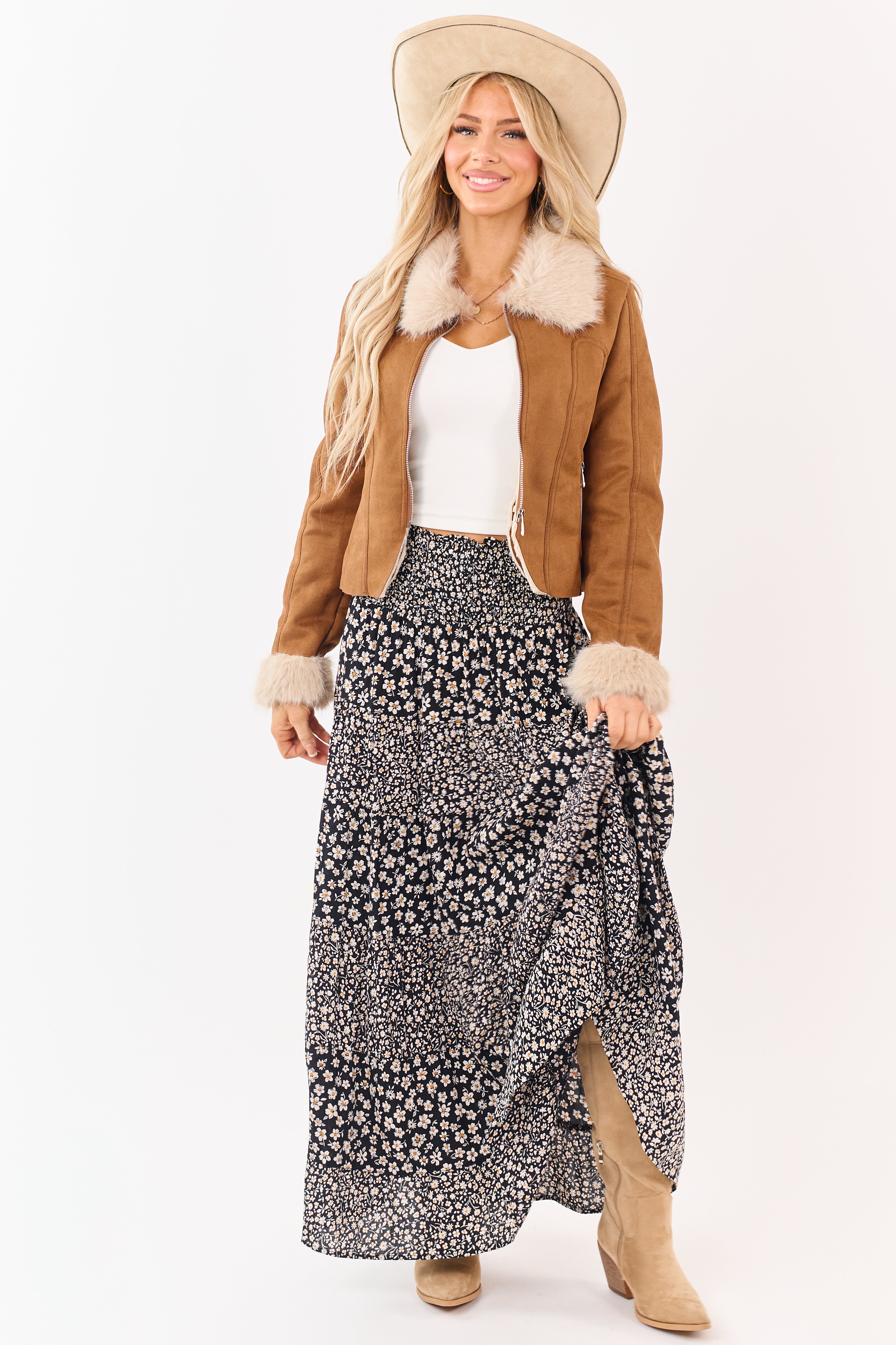 Black Smocked Waist Daisy Print Tiered Maxi Skirt