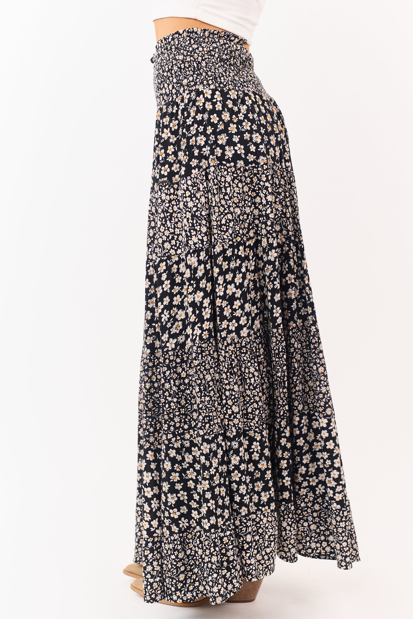 Black Smocked Waist Daisy Print Tiered Maxi Skirt