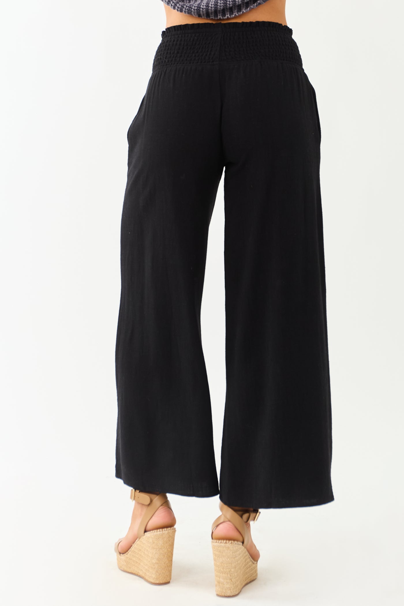 Black Smocked Waist Flowy Wide Leg Pants