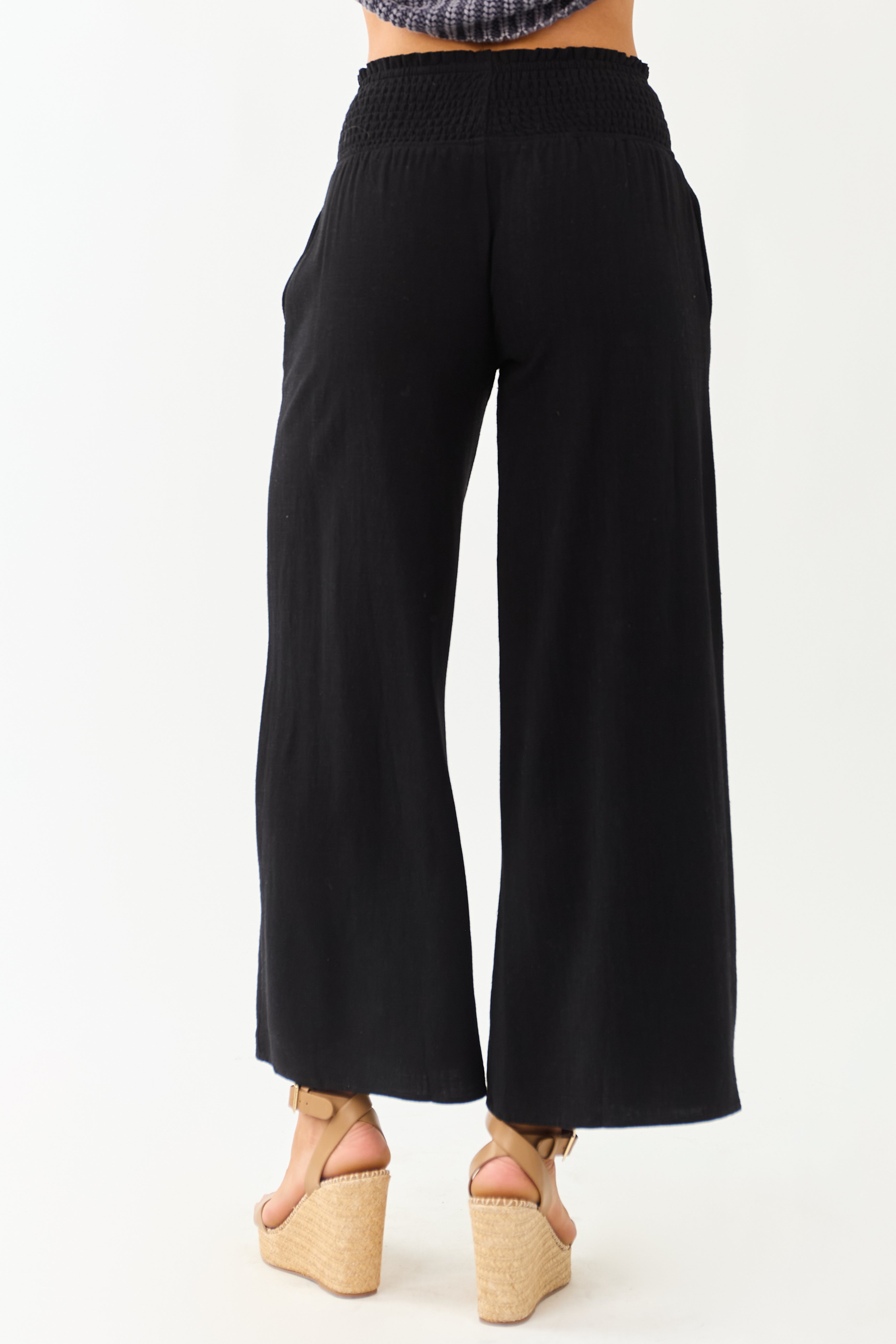 Black Smocked Waist Flowy Wide Leg Pants