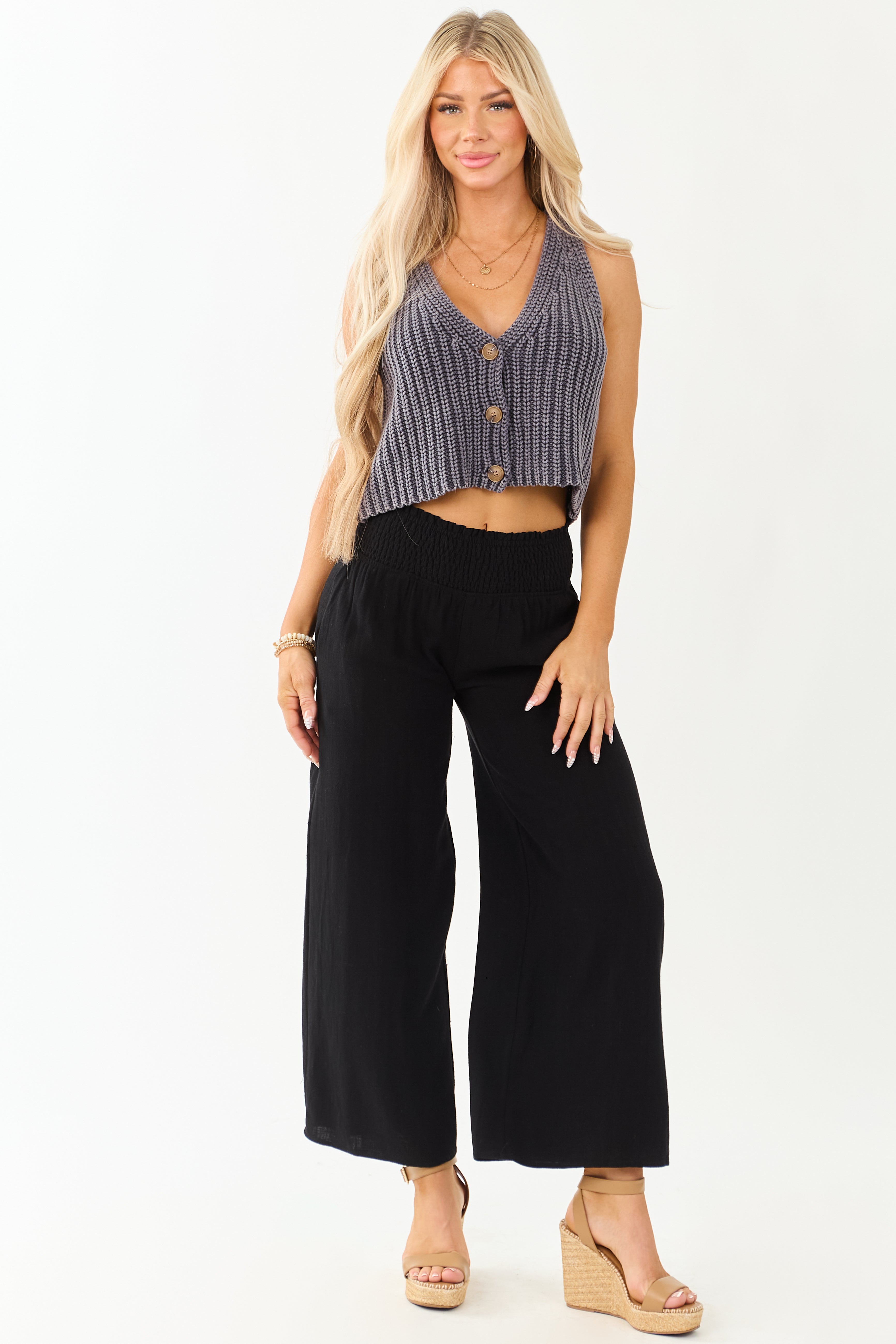 Black Smocked Waist Flowy Wide Leg Pants
