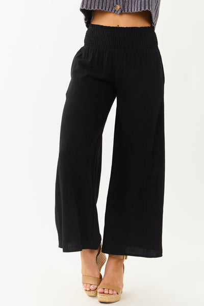 Black Smocked Waist Flowy Wide Leg Pants
