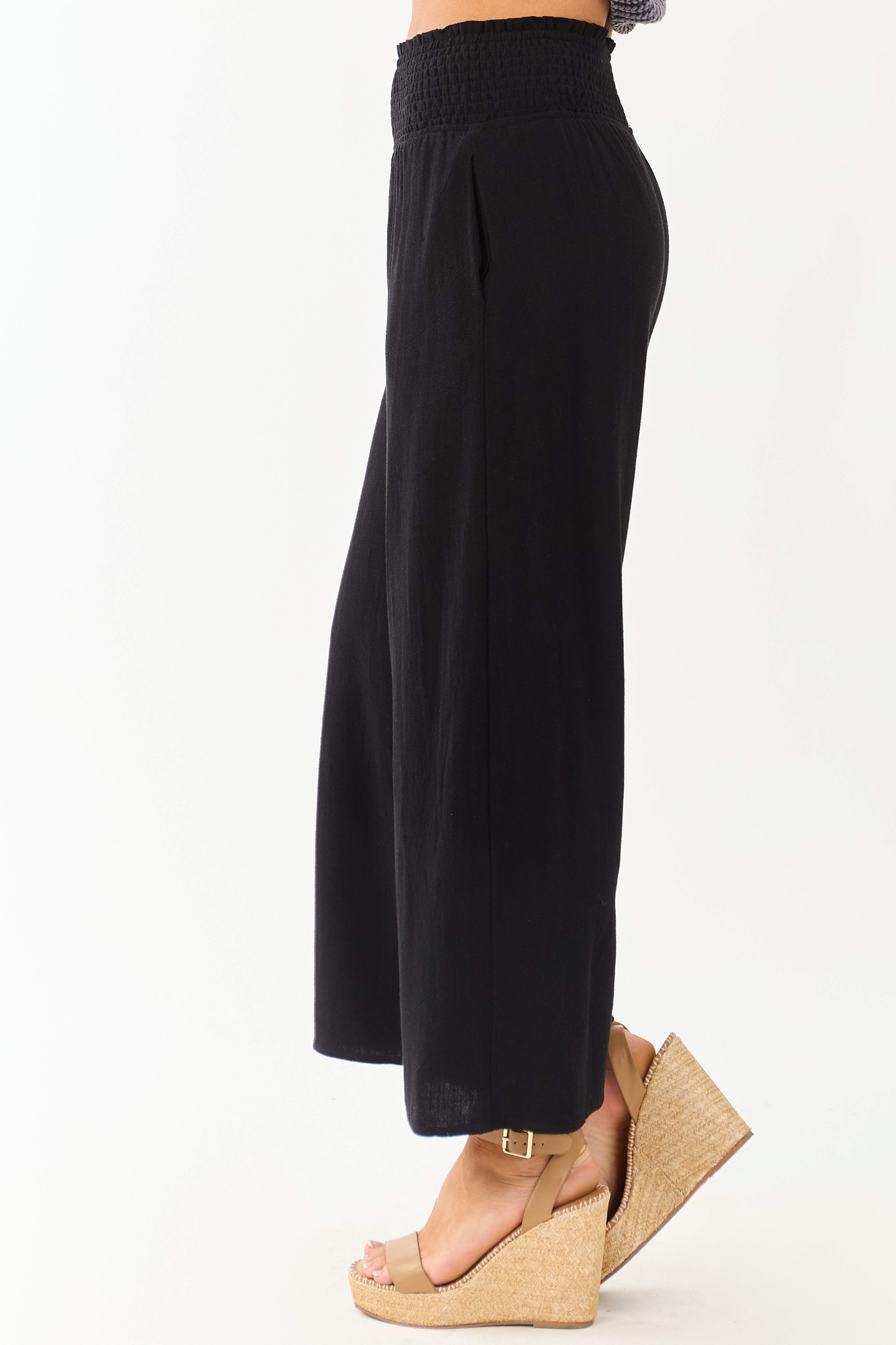 Black Smocked Waist Flowy Wide Leg Pants