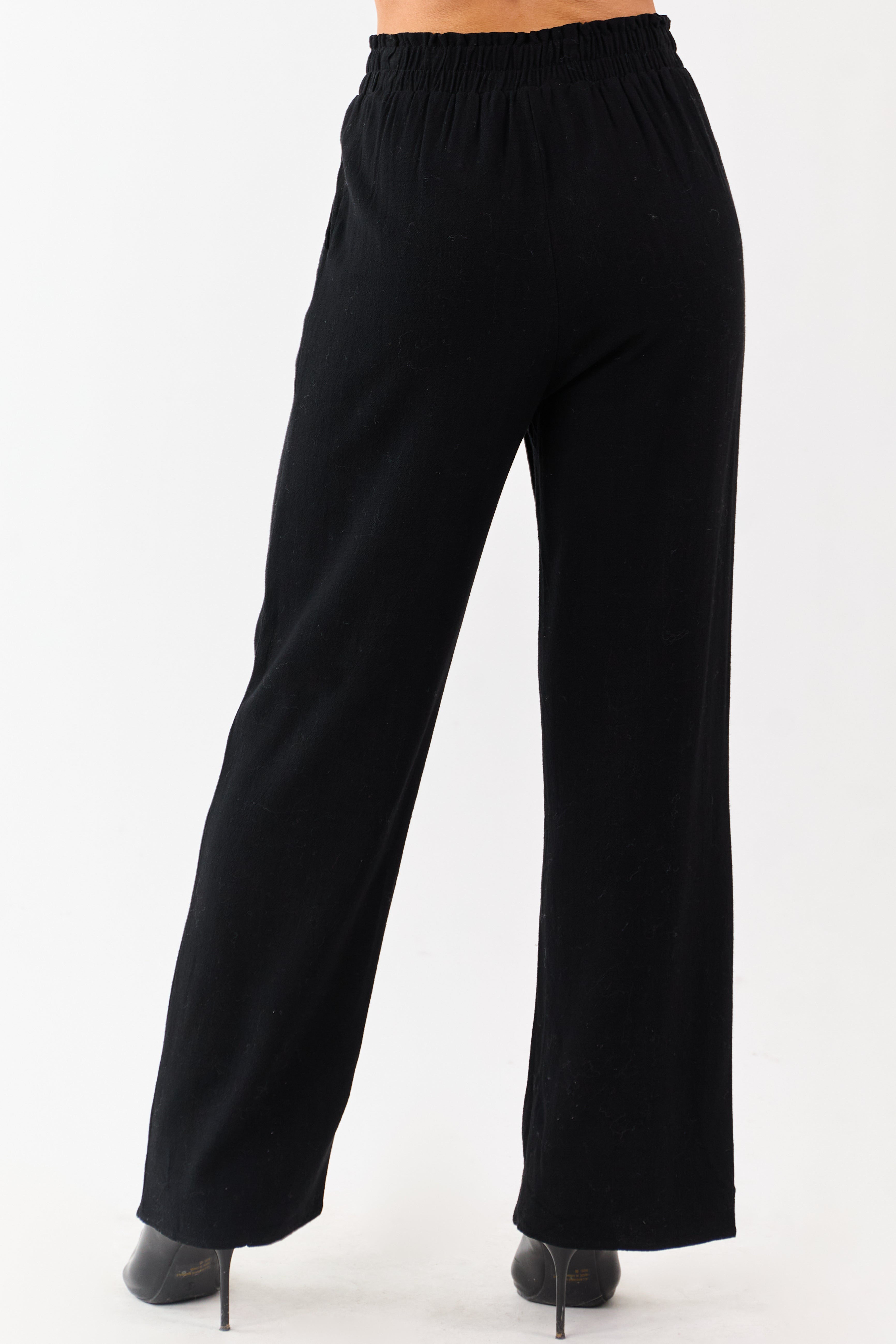 Black Smocked Waistband Wide Leg Linen Blend Pants