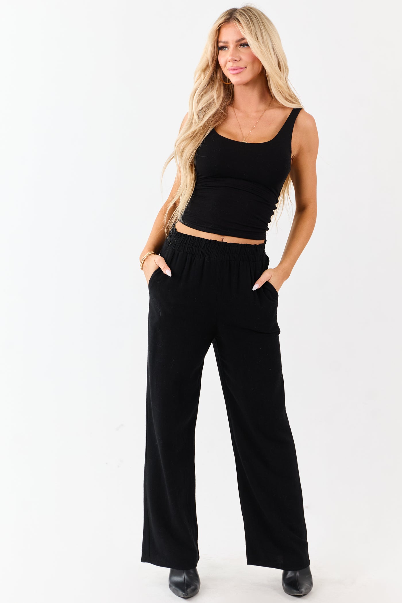 Black Smocked Waistband Wide Leg Linen Blend Pants