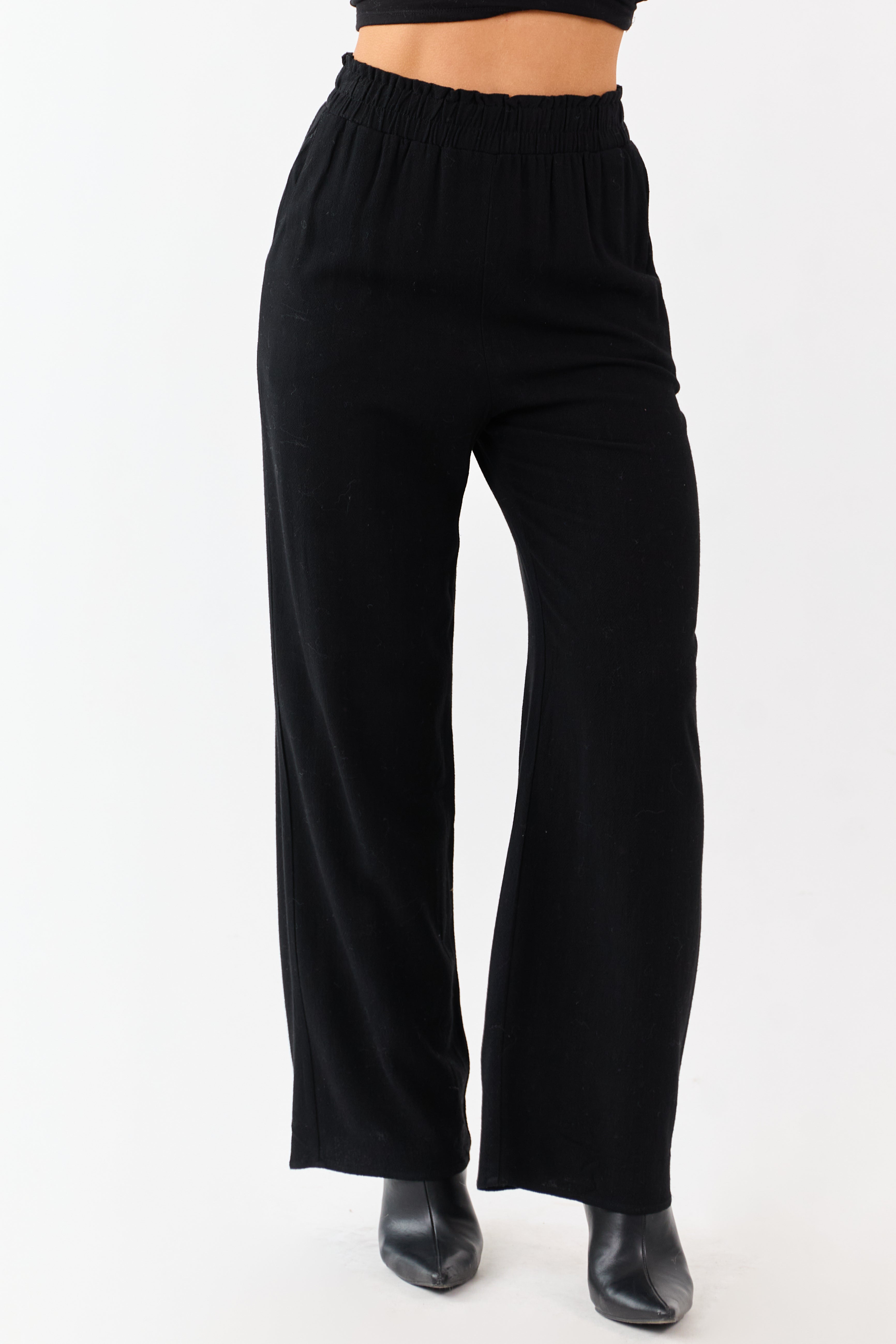 Black Smocked Waistband Wide Leg Linen Blend Pants