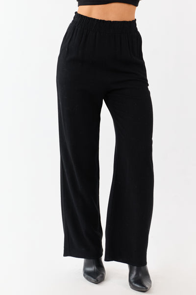Black Smocked Waistband Wide Leg Linen Blend Pants
