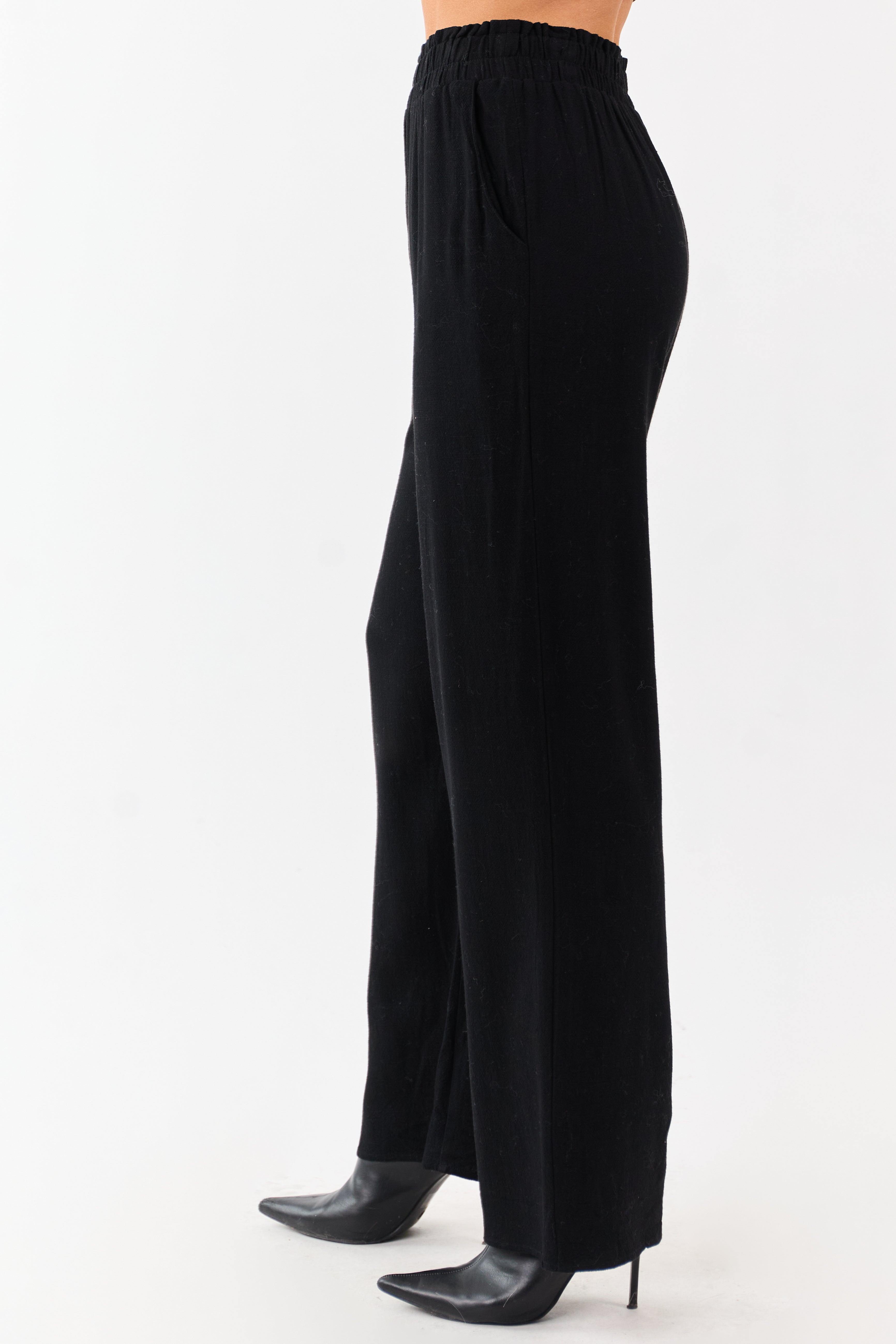 Black Smocked Waistband Wide Leg Linen Blend Pants