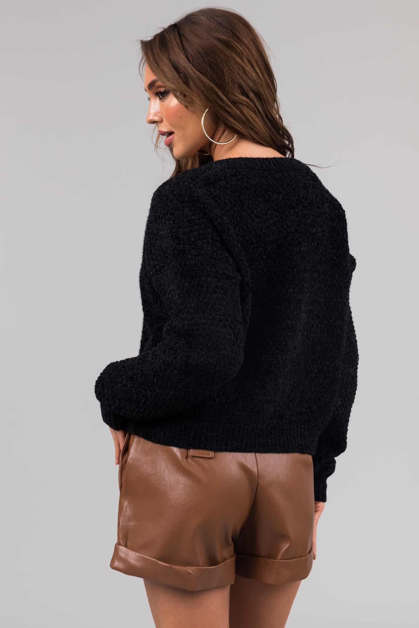 Black Soft Chenille V Neck Sweater