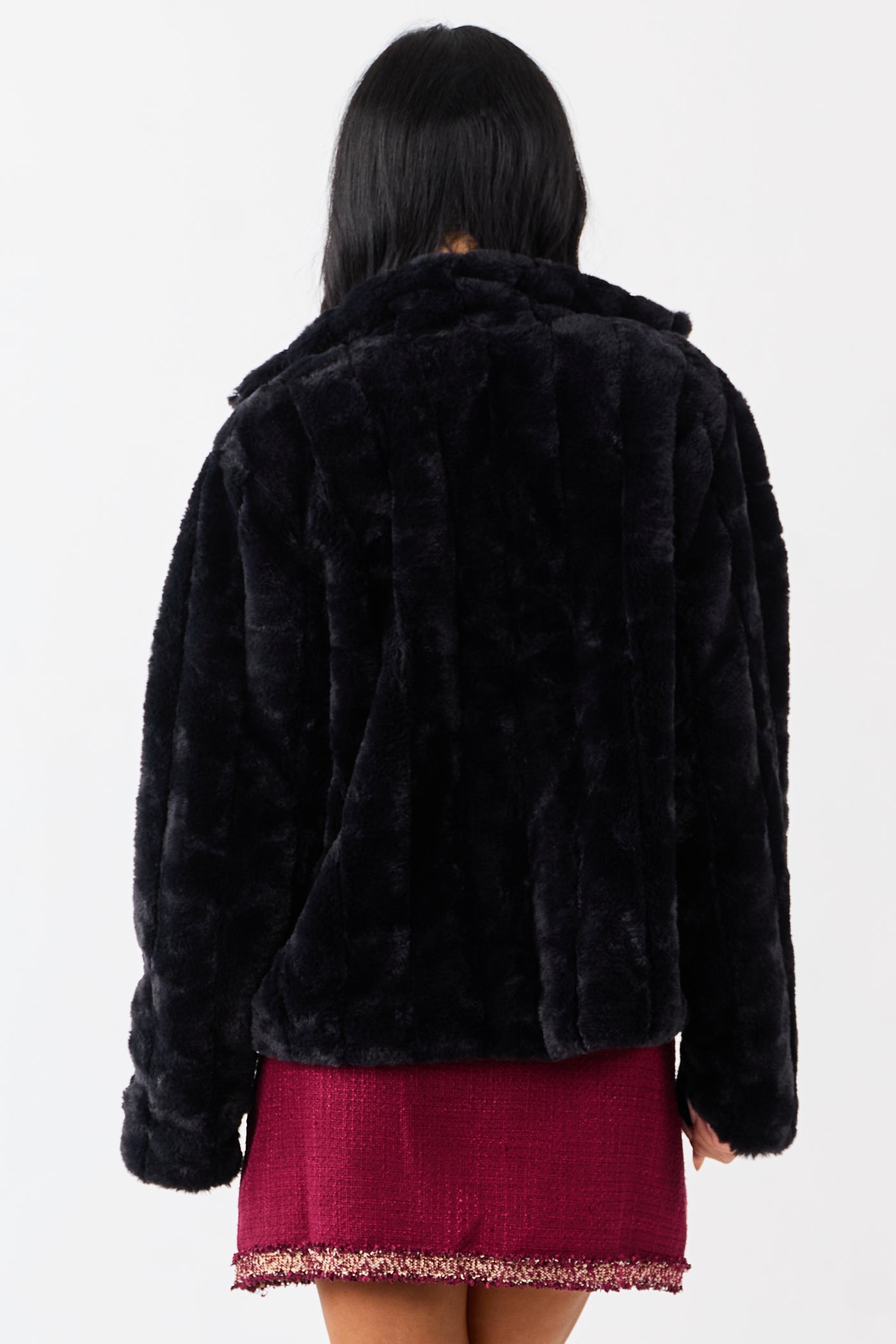 Black Soft Faux Fur Hook Closure Collared Jacket