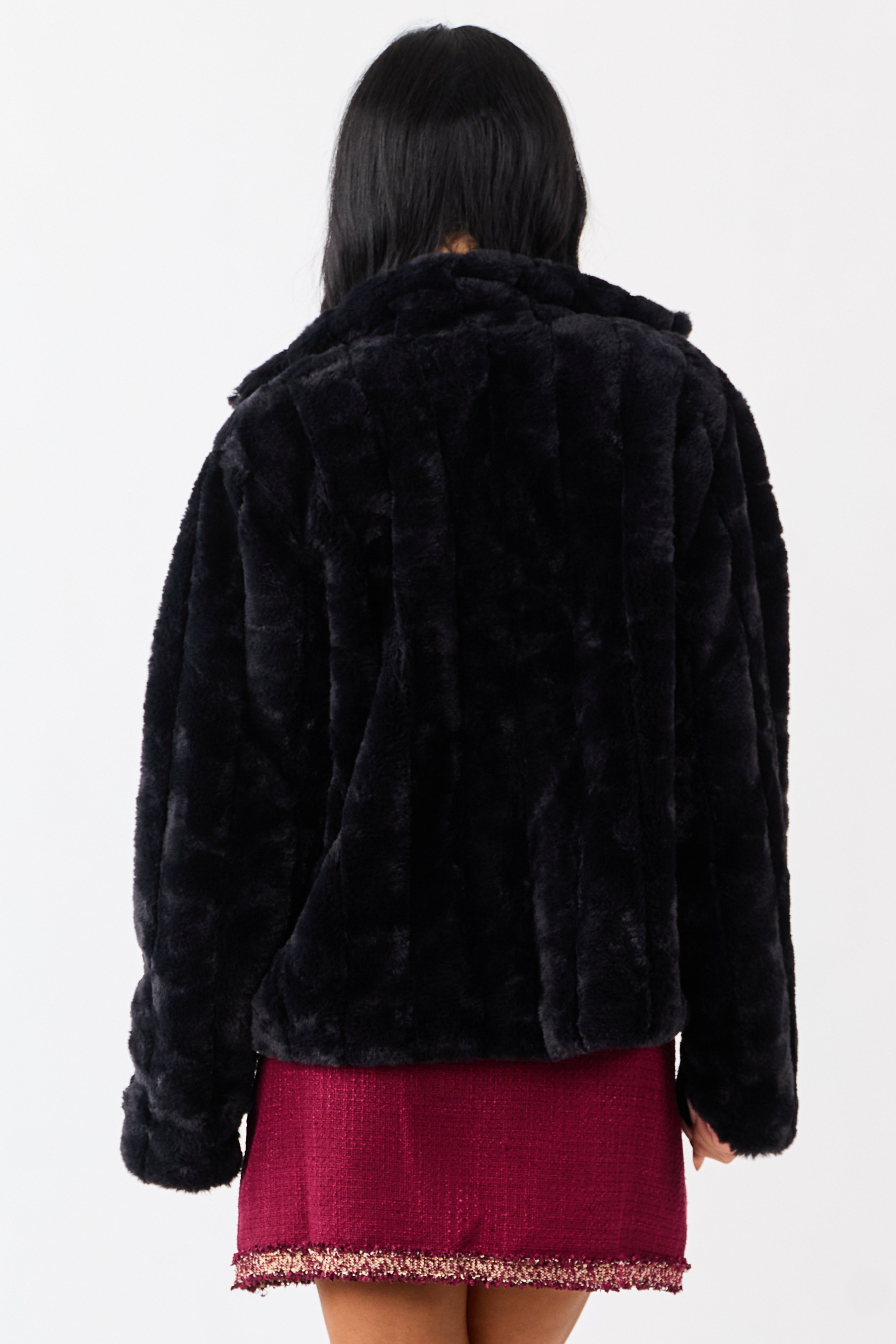 Black Soft Faux Fur Hook Closure Collared Jacket