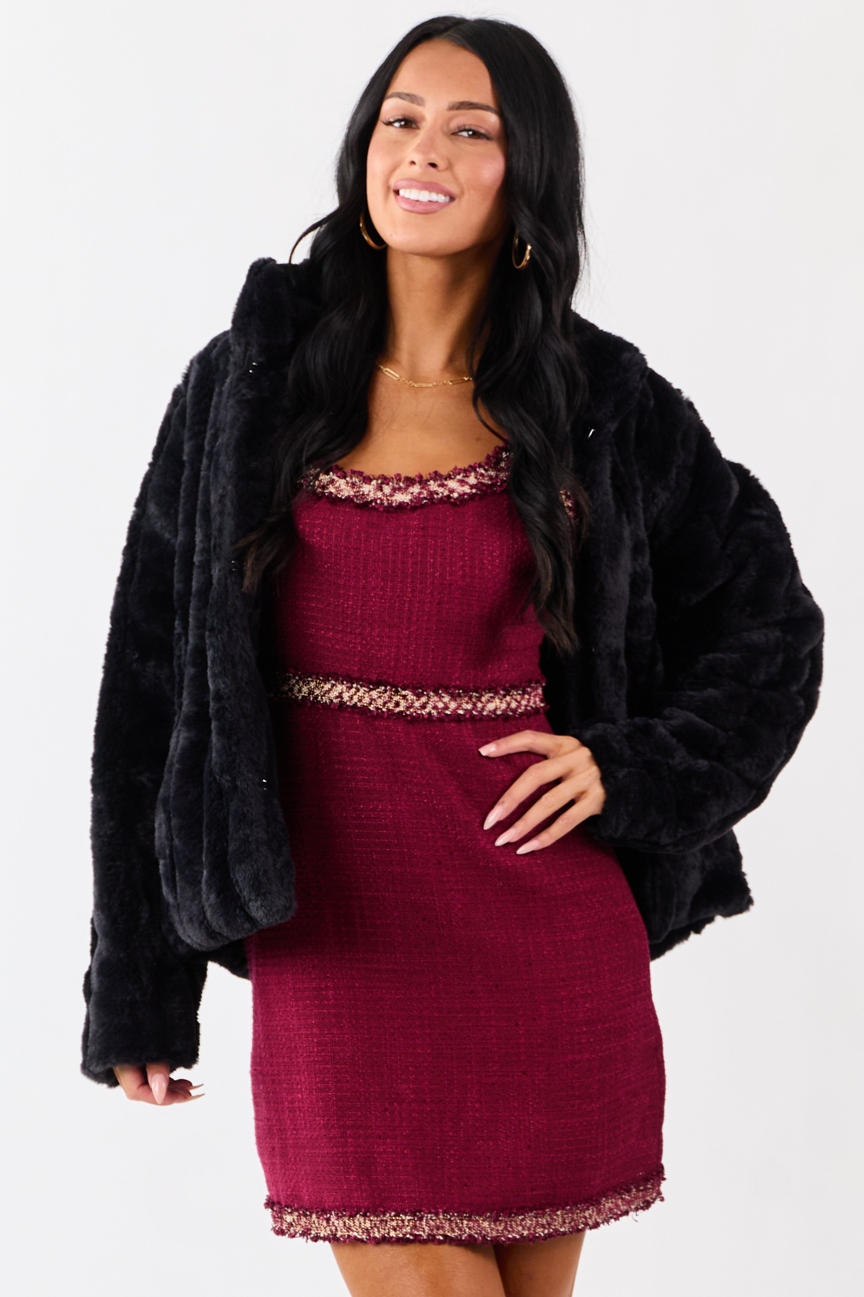 Black Soft Faux Fur Hook Closure Collared Jacket