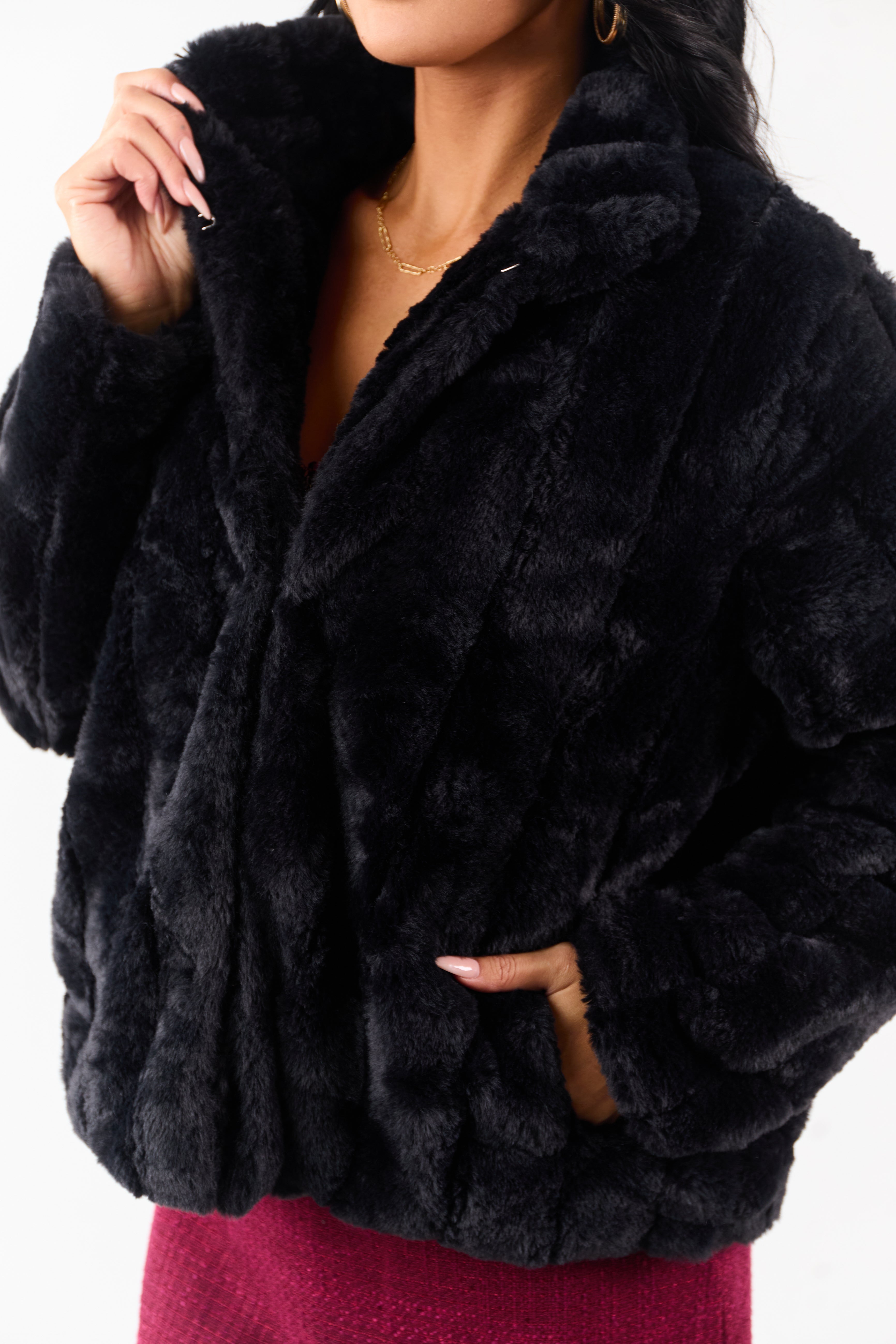 Black Soft Faux Fur Hook Closure Collared Jacket