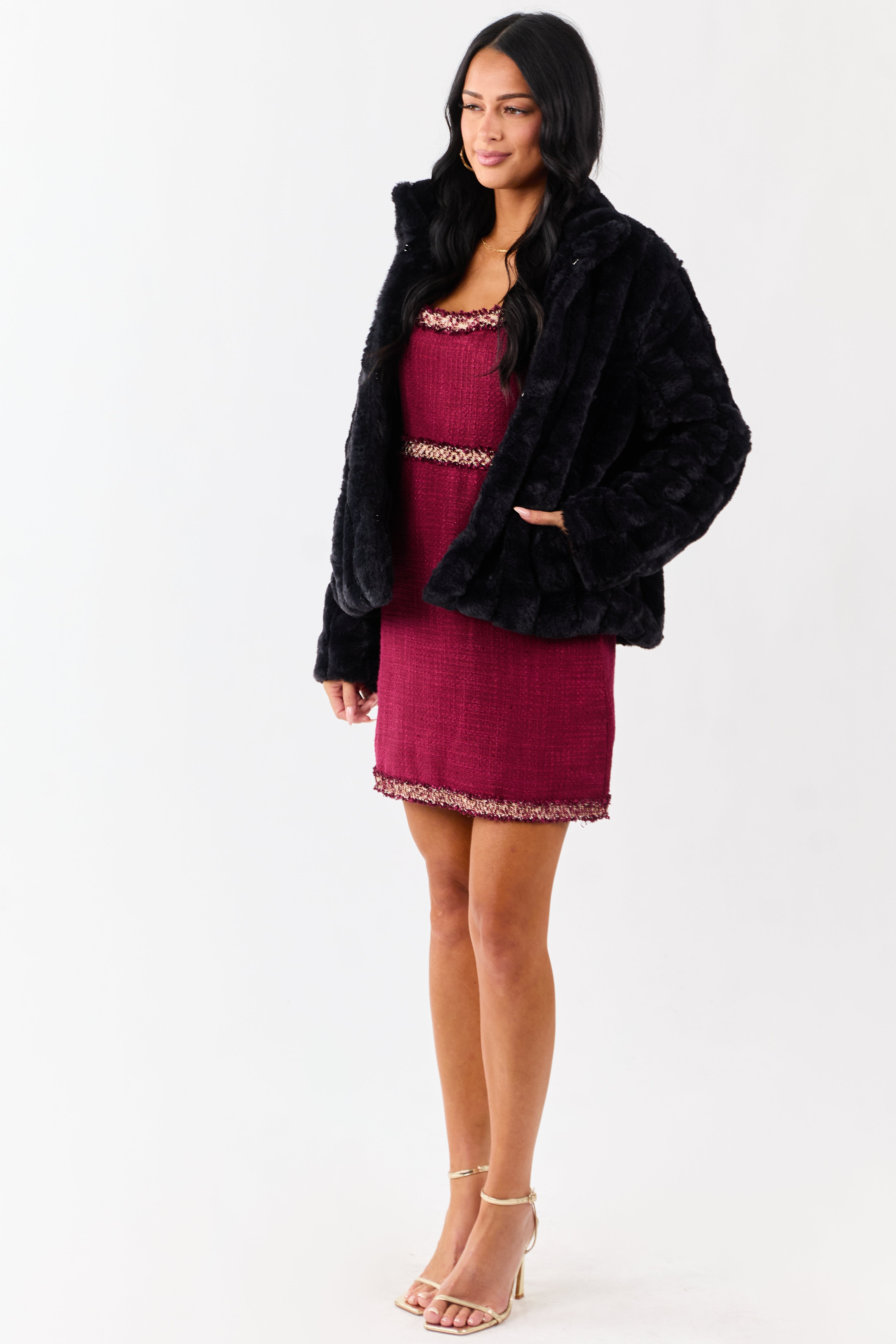 Black Soft Faux Fur Hook Closure Collared Jacket